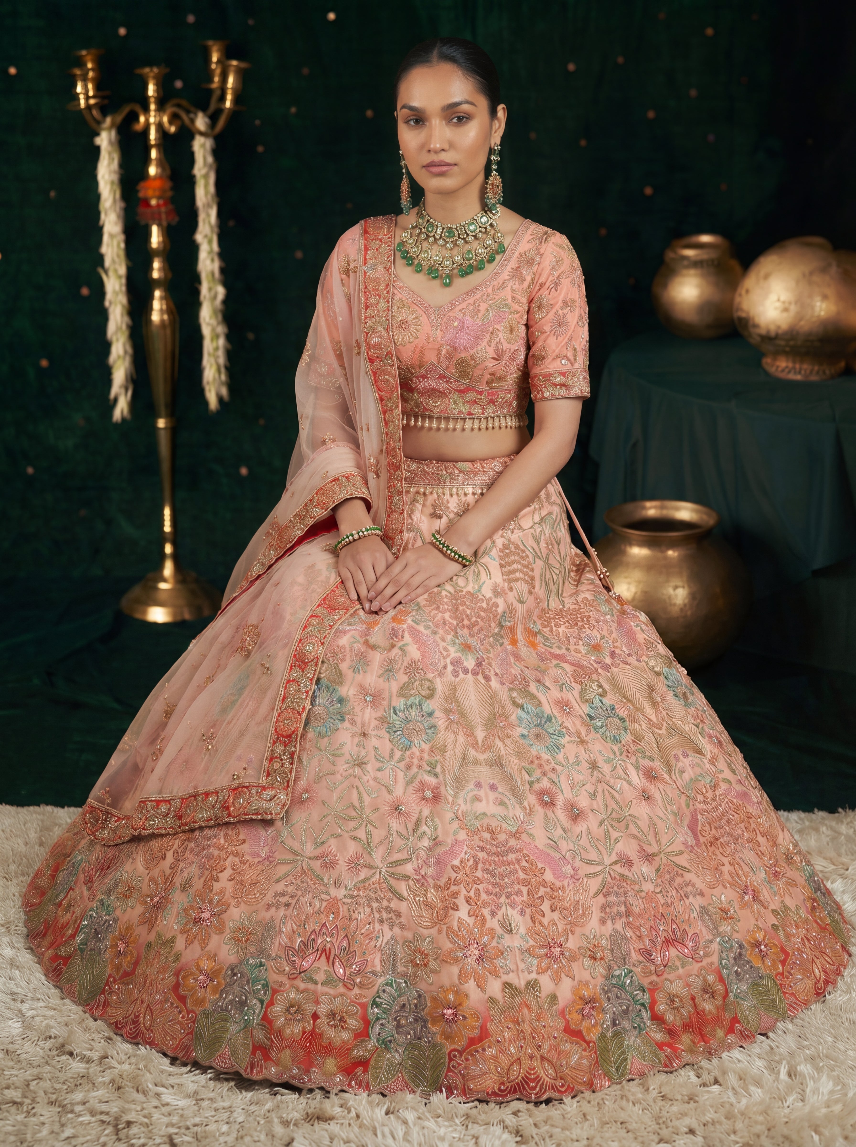 Coral Peach Viscose Sequins Mirror Wedding Lehenga Choli Set