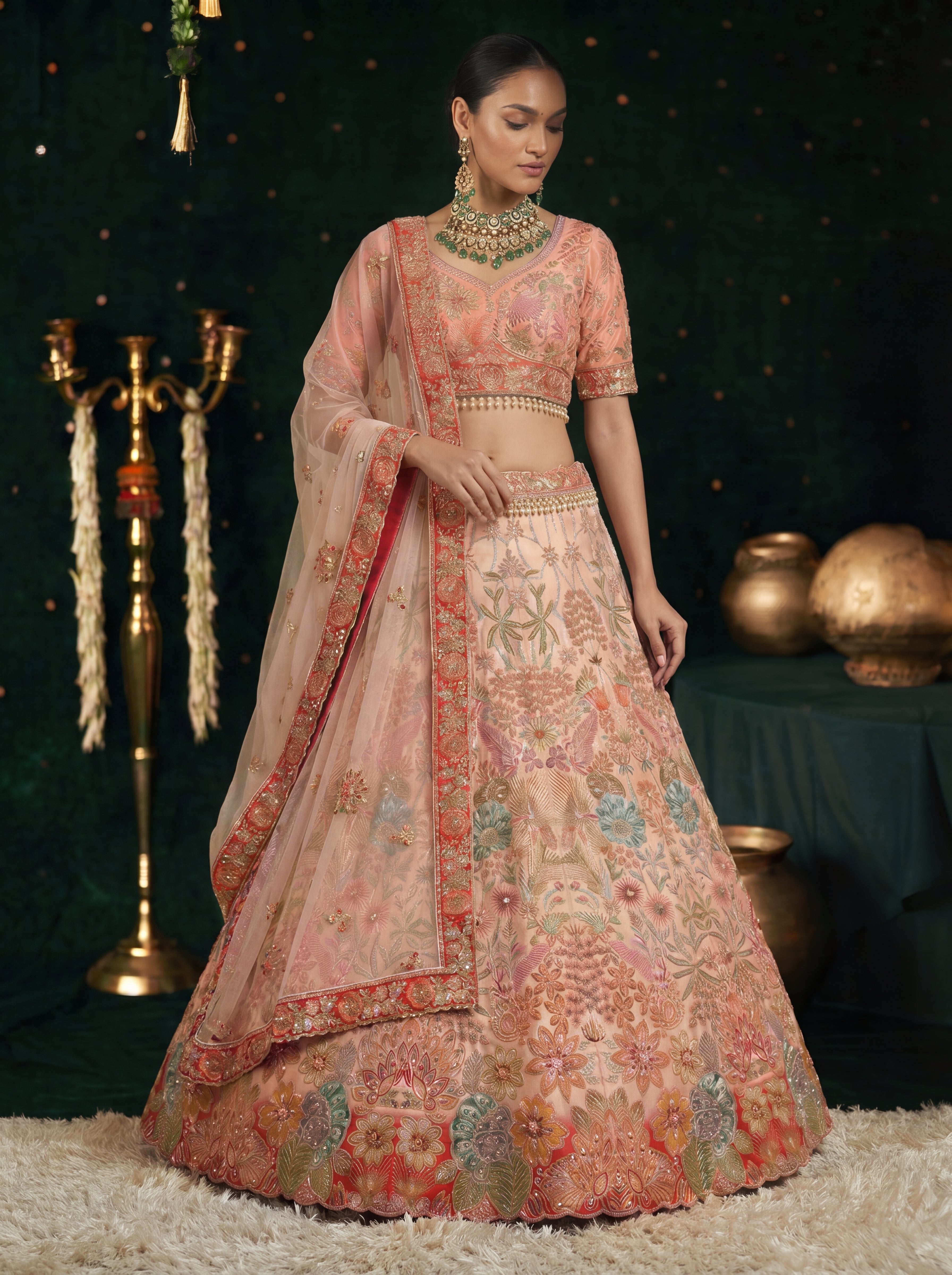 Coral Peach Viscose Sequins Mirror Wedding Lehenga Choli Set
