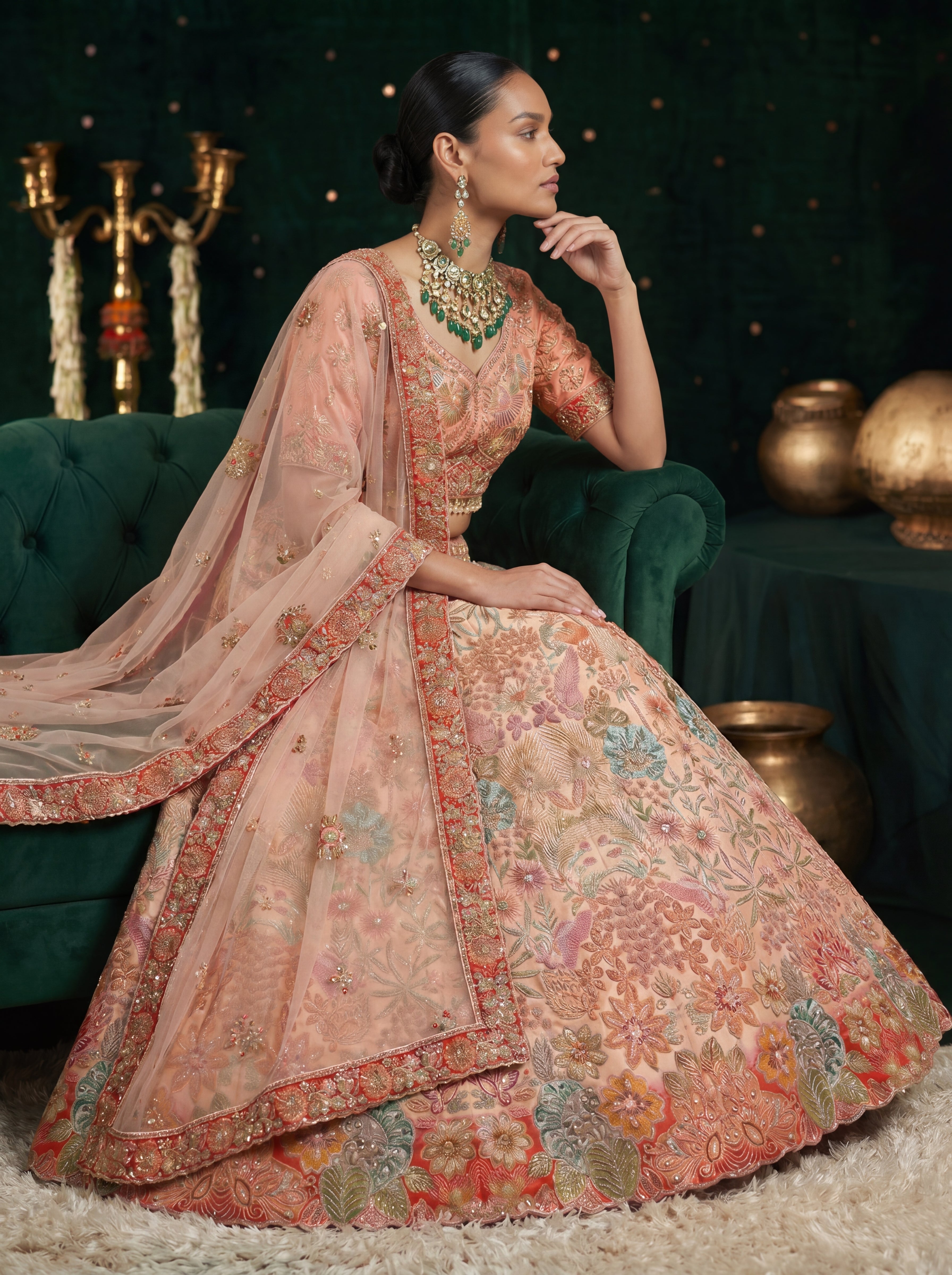 Coral Peach Viscose Sequins Mirror Wedding Lehenga Choli Set