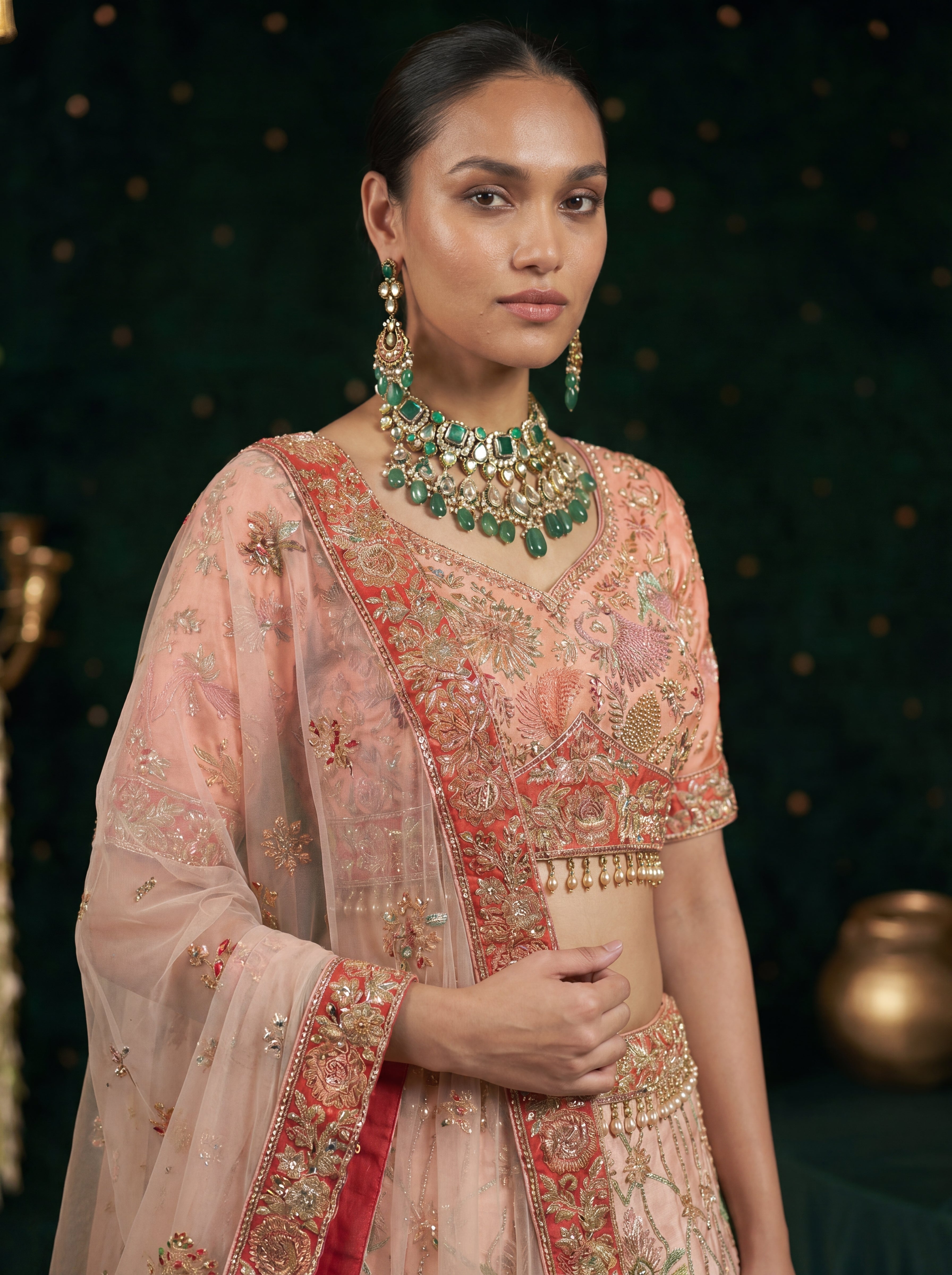 Coral Peach Viscose Sequins Mirror Wedding Lehenga Choli Set