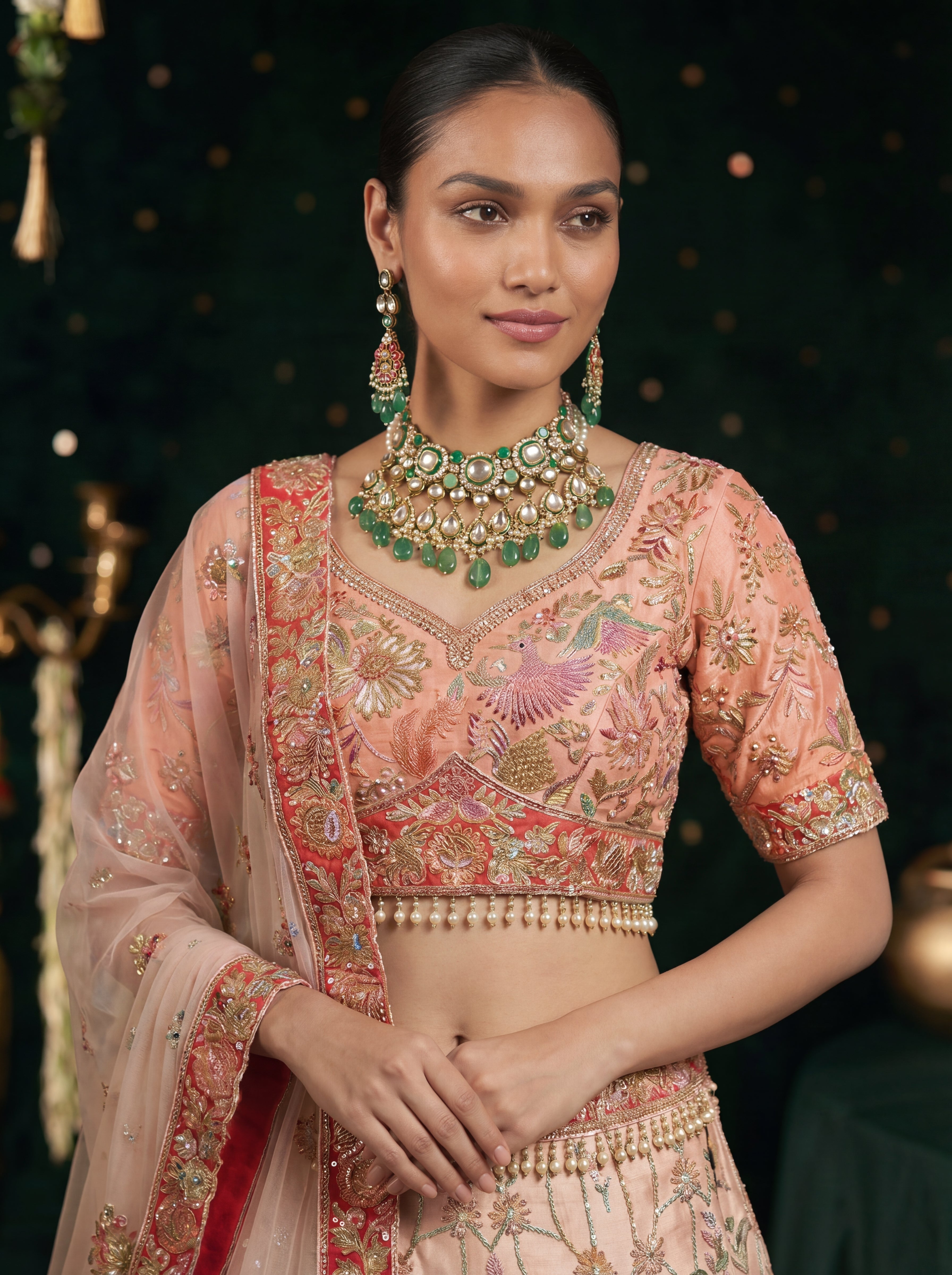Coral Peach Viscose Sequins Mirror Wedding Lehenga Choli Set