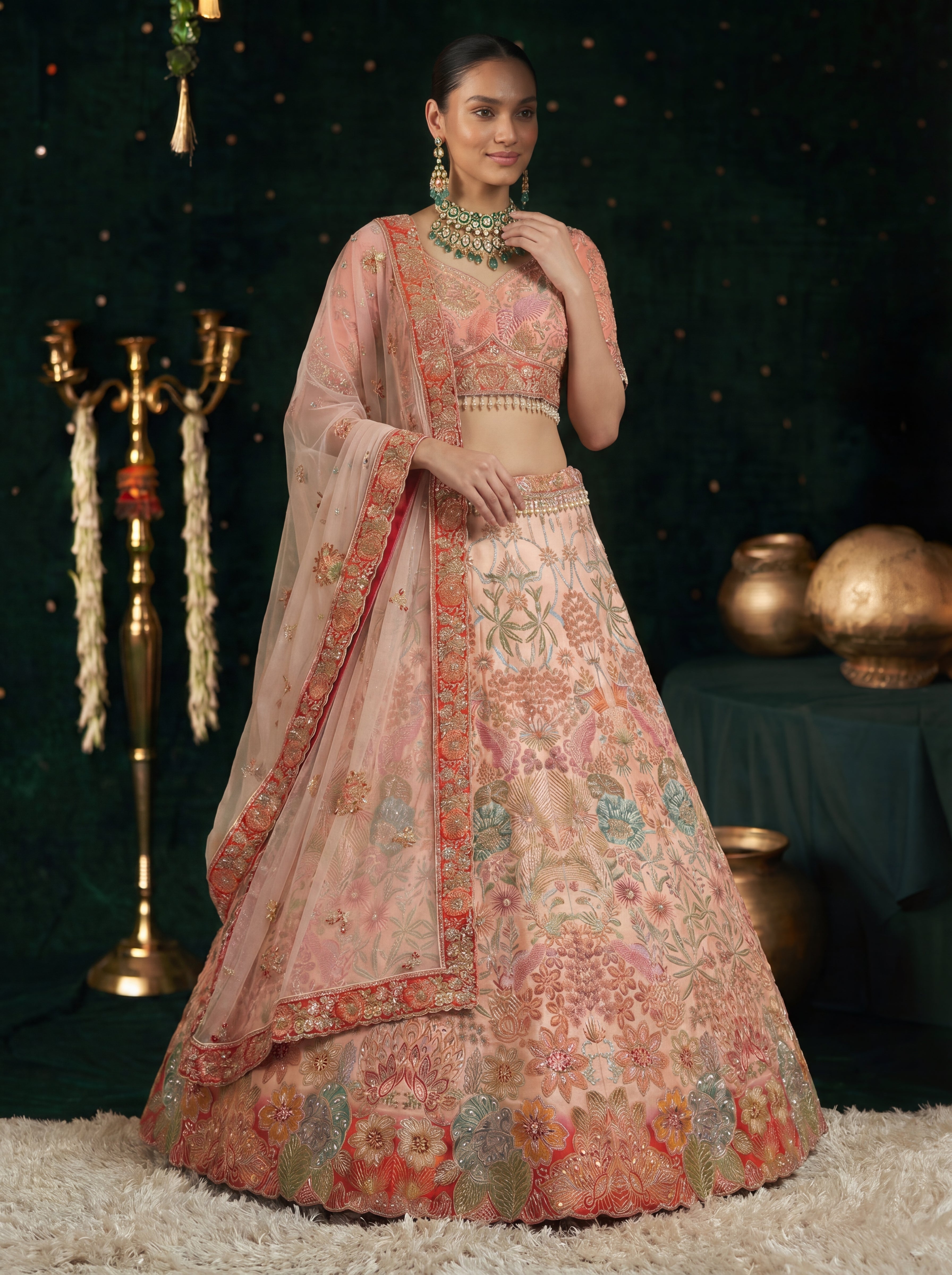 Coral Peach Viscose Sequins Mirror Wedding Lehenga Choli Set