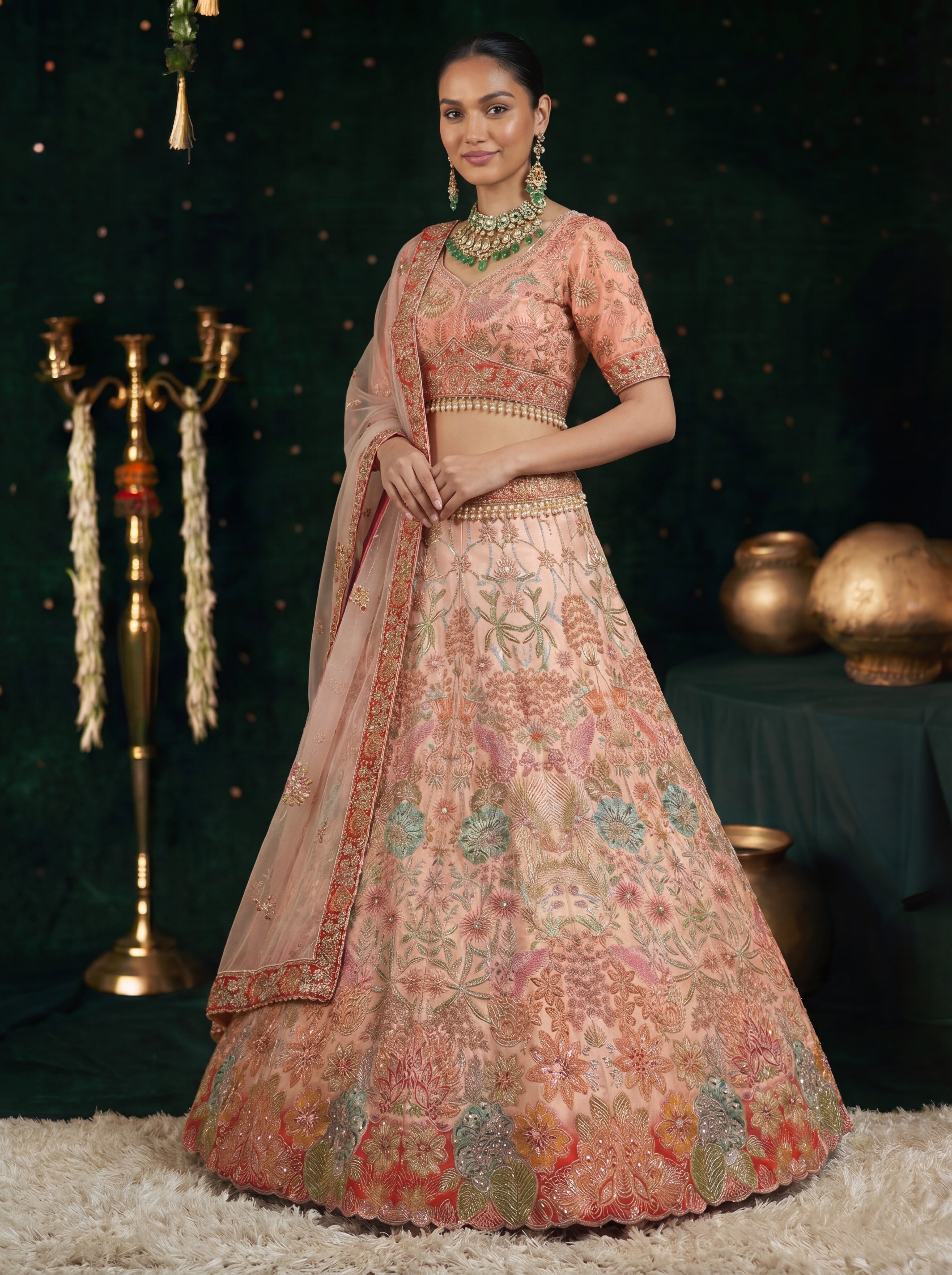 Coral Peach Viscose Sequins Mirror Wedding Lehenga Choli Set