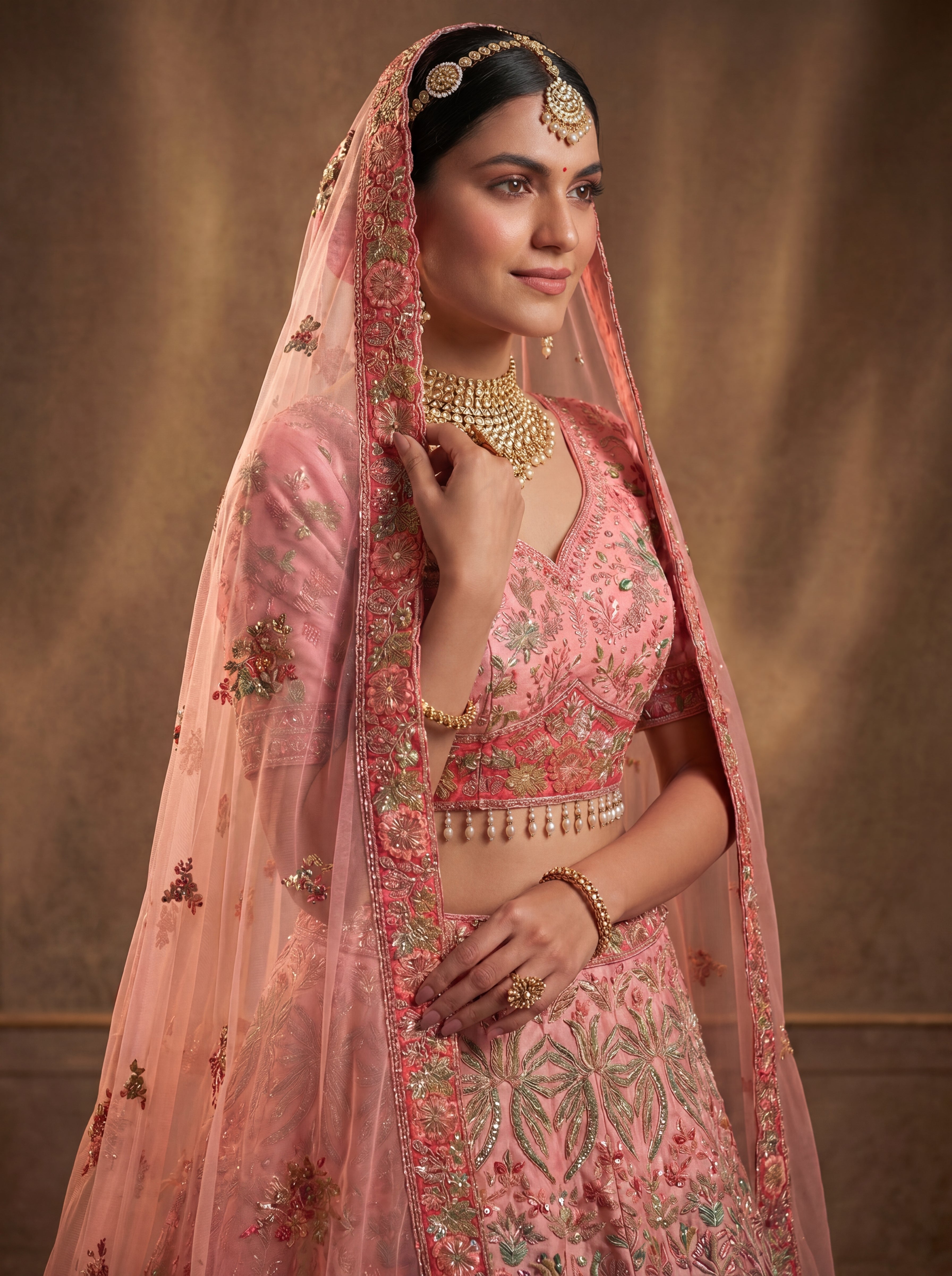 Blush Pink Viscose Sequins Mirror Embroidered Bridal Lehenga Set