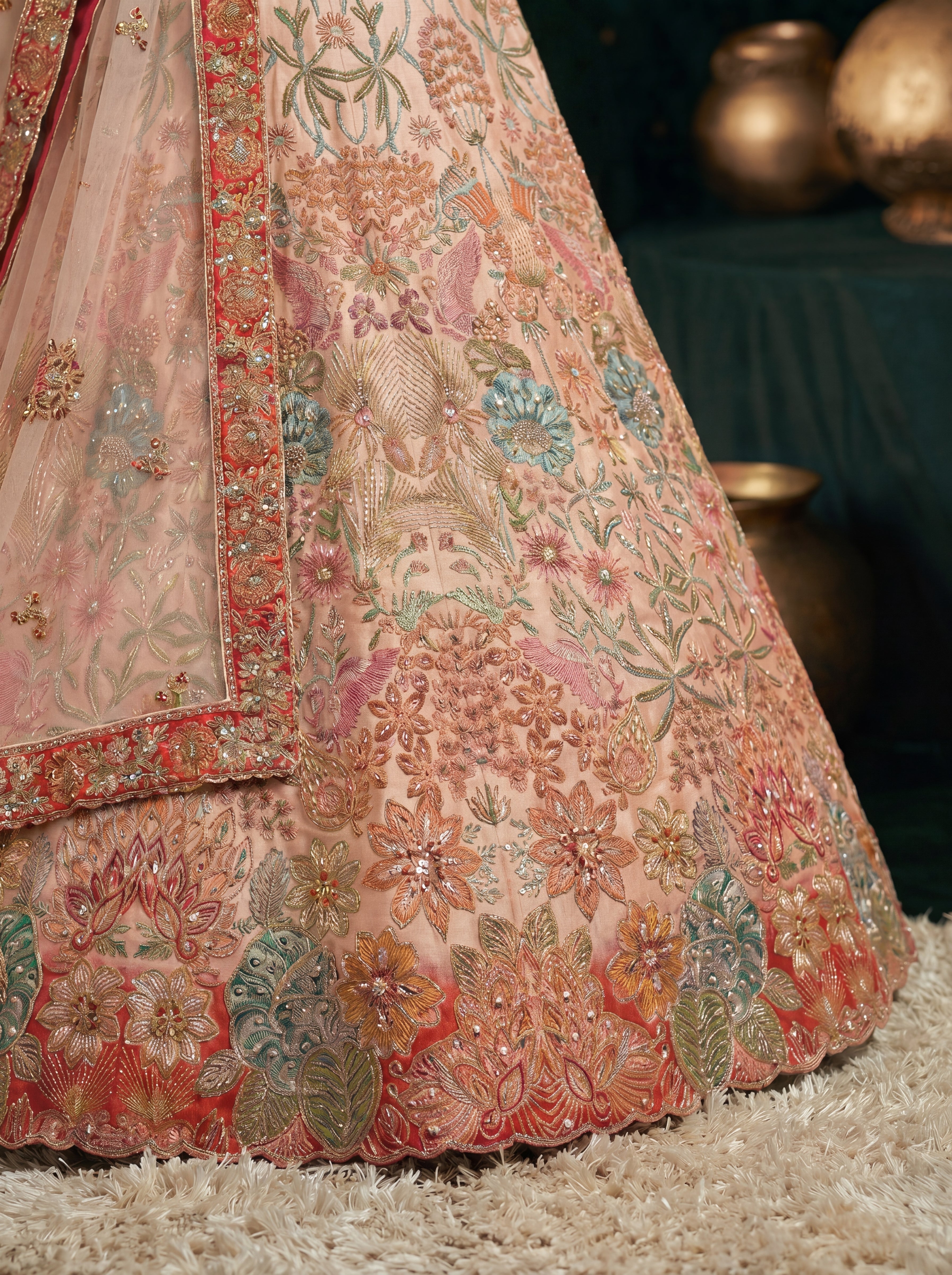 Coral Peach Viscose Sequins Mirror Wedding Lehenga Choli Set
