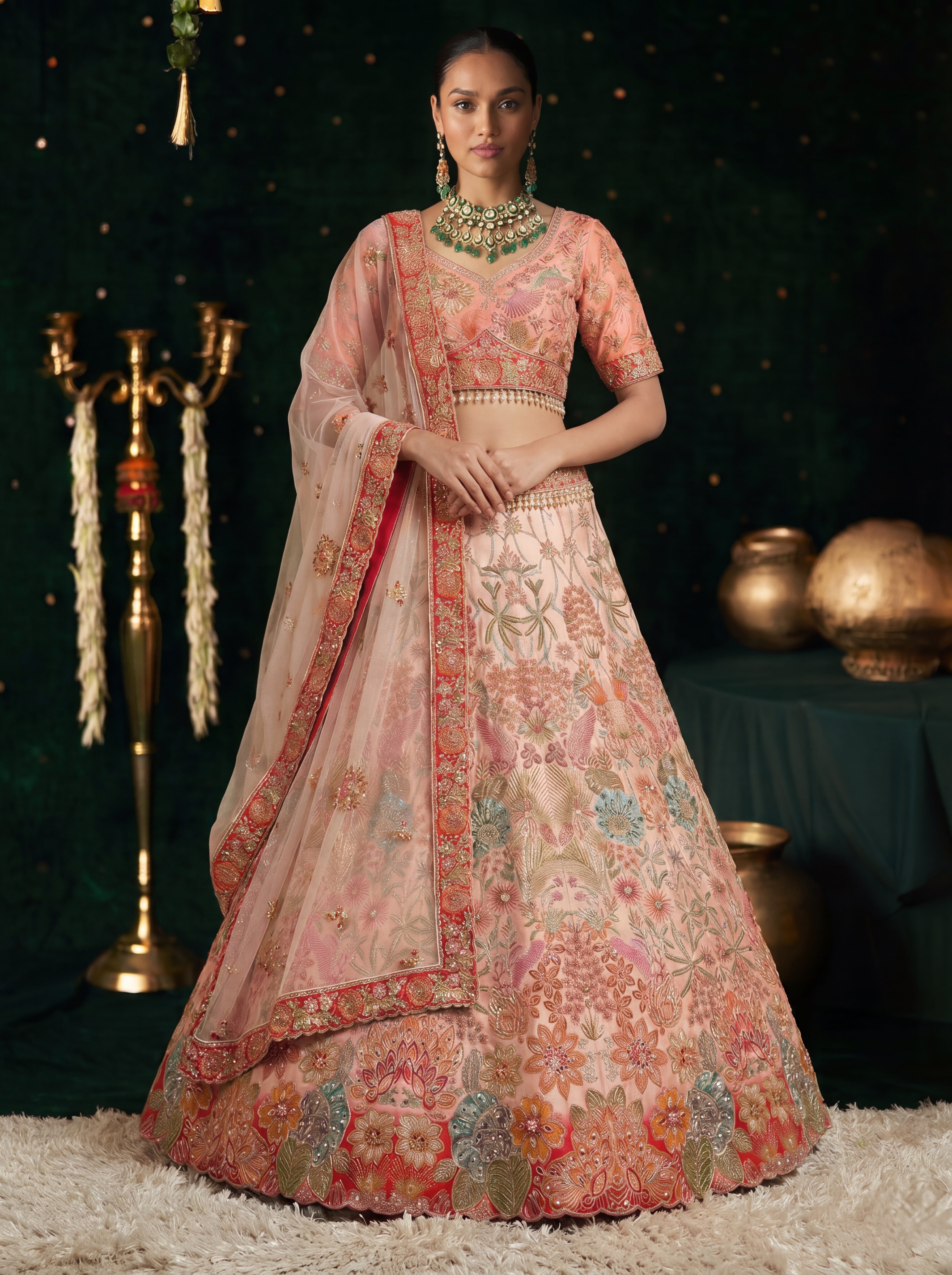Coral Peach Viscose Sequins Mirror Wedding Lehenga Choli Set
