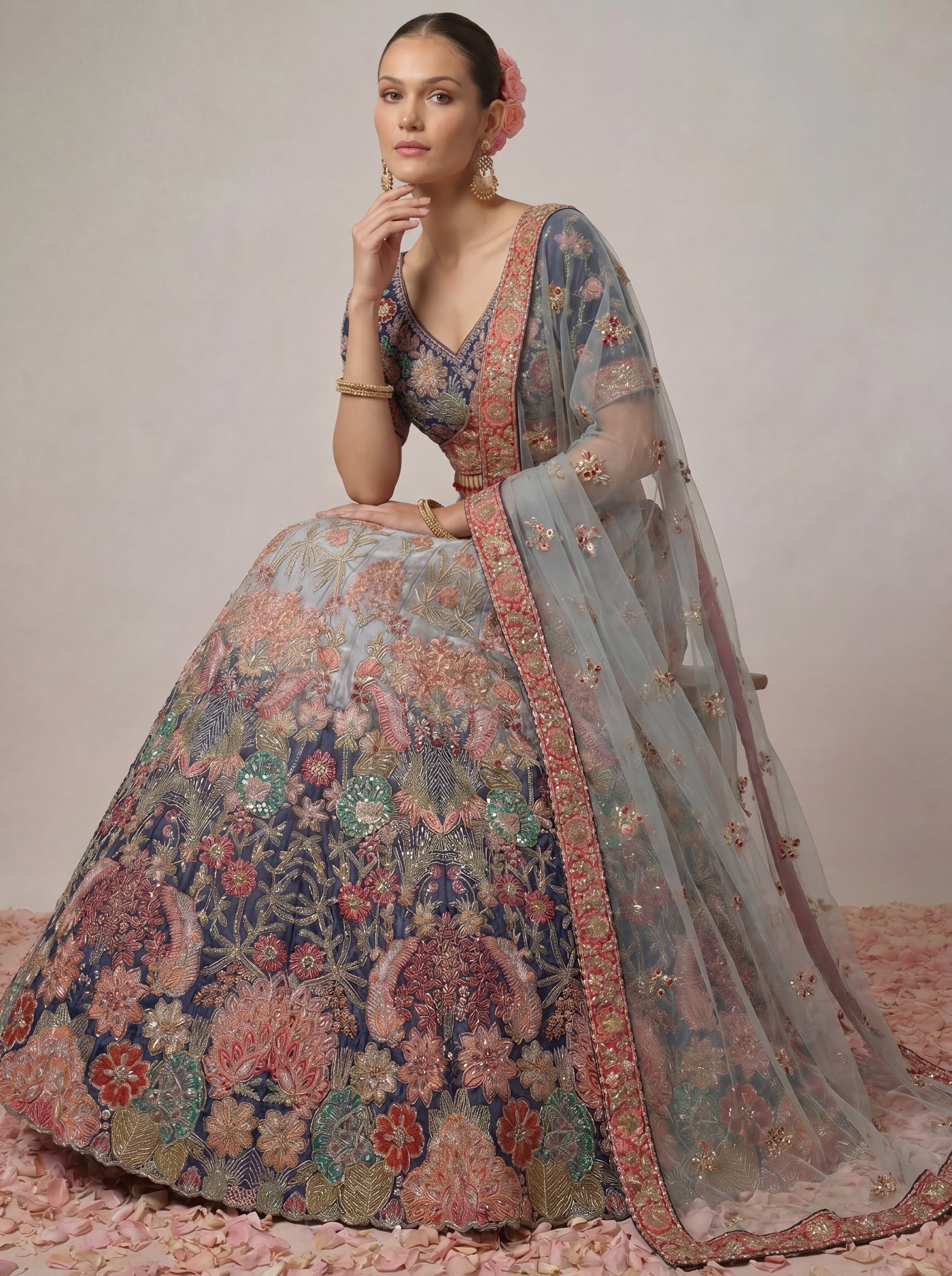 Navy Blue Viscose Mirror Sequins Bridal Lehenga Choli Set