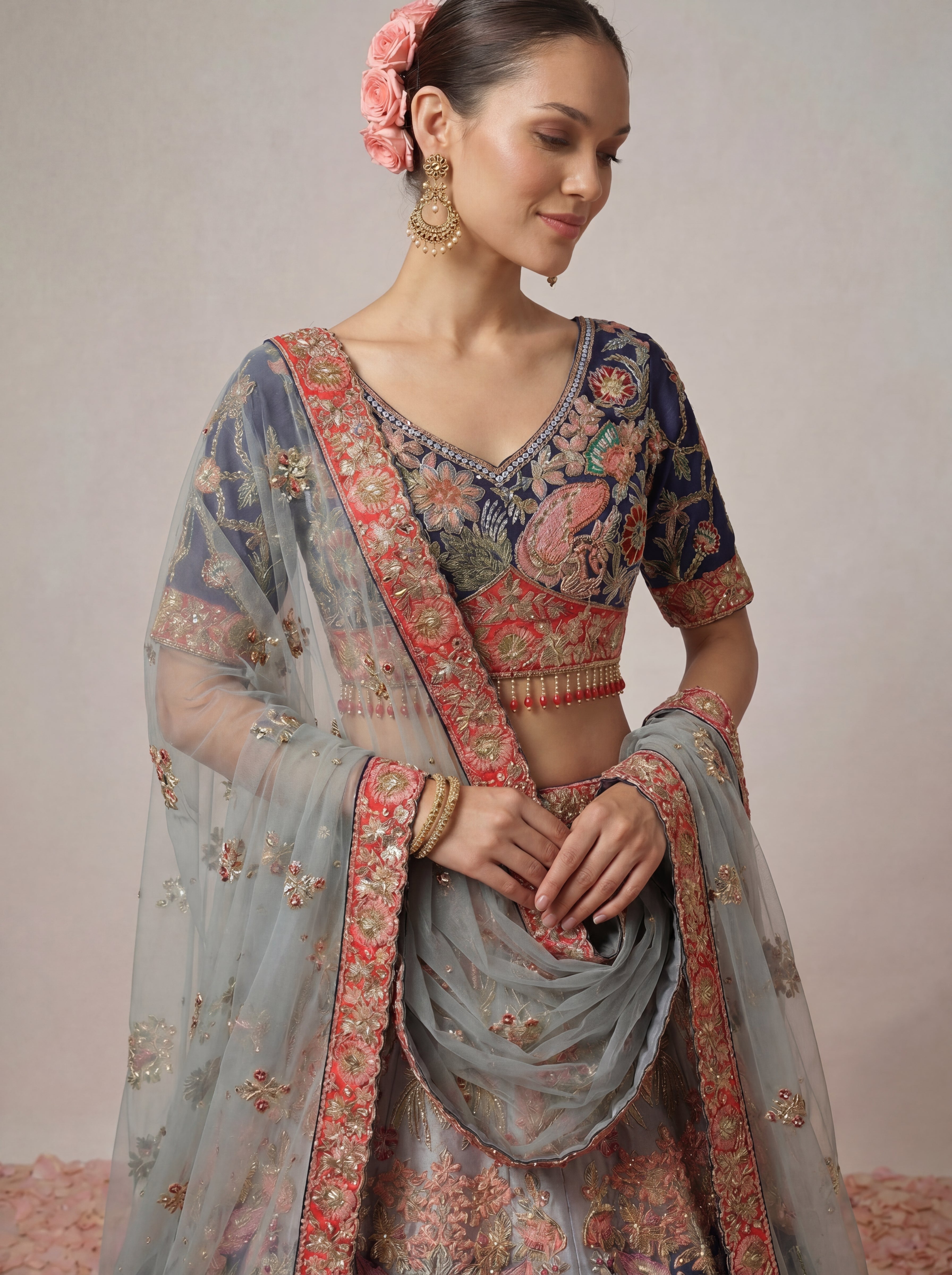Navy Blue Viscose Mirror Sequins Bridal Lehenga Choli Set
