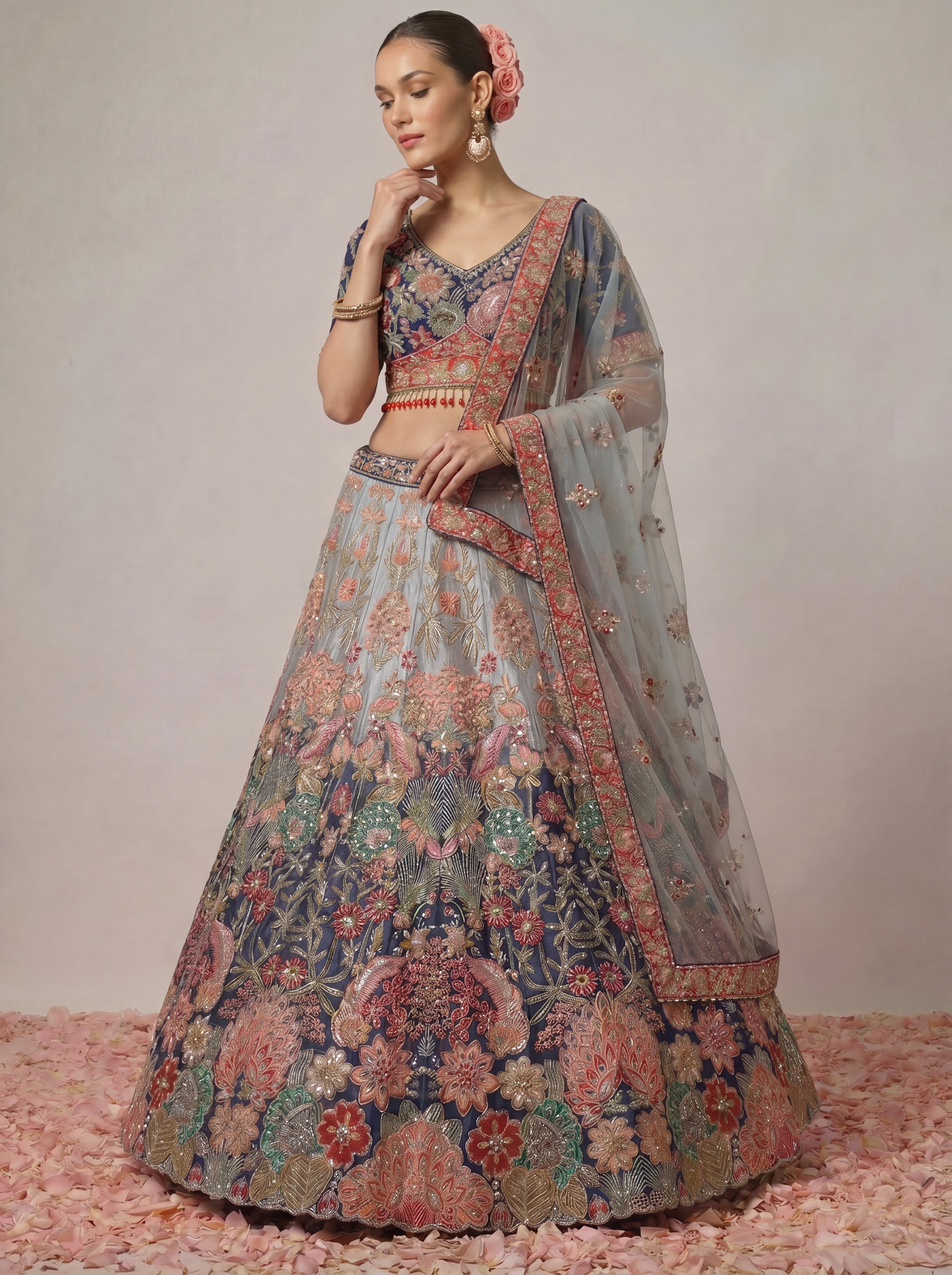 Navy Blue Viscose Mirror Sequins Bridal Lehenga Choli Set