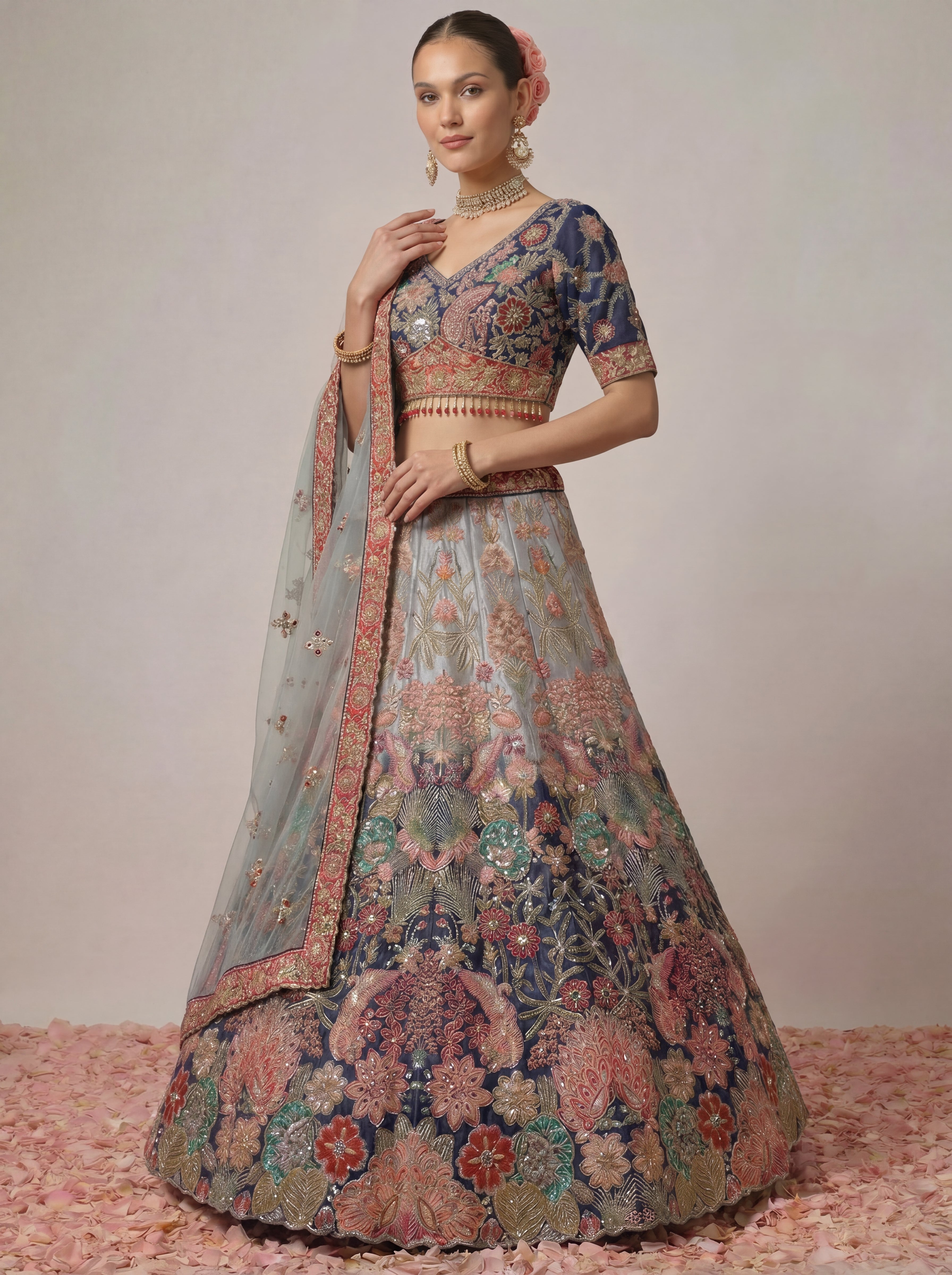 Navy Blue Viscose Mirror Sequins Bridal Lehenga Choli Set
