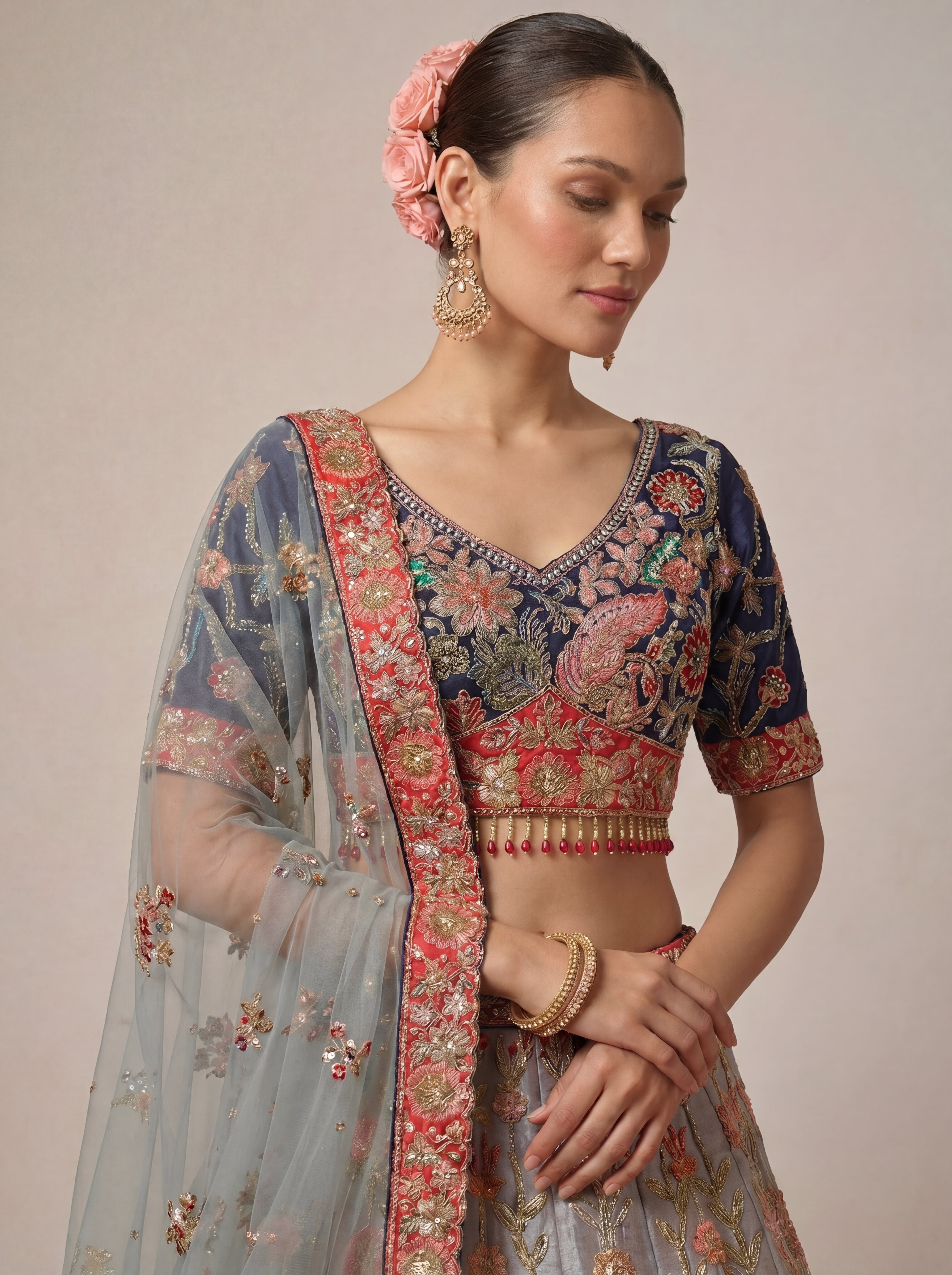 Navy Blue Viscose Mirror Sequins Bridal Lehenga Choli Set