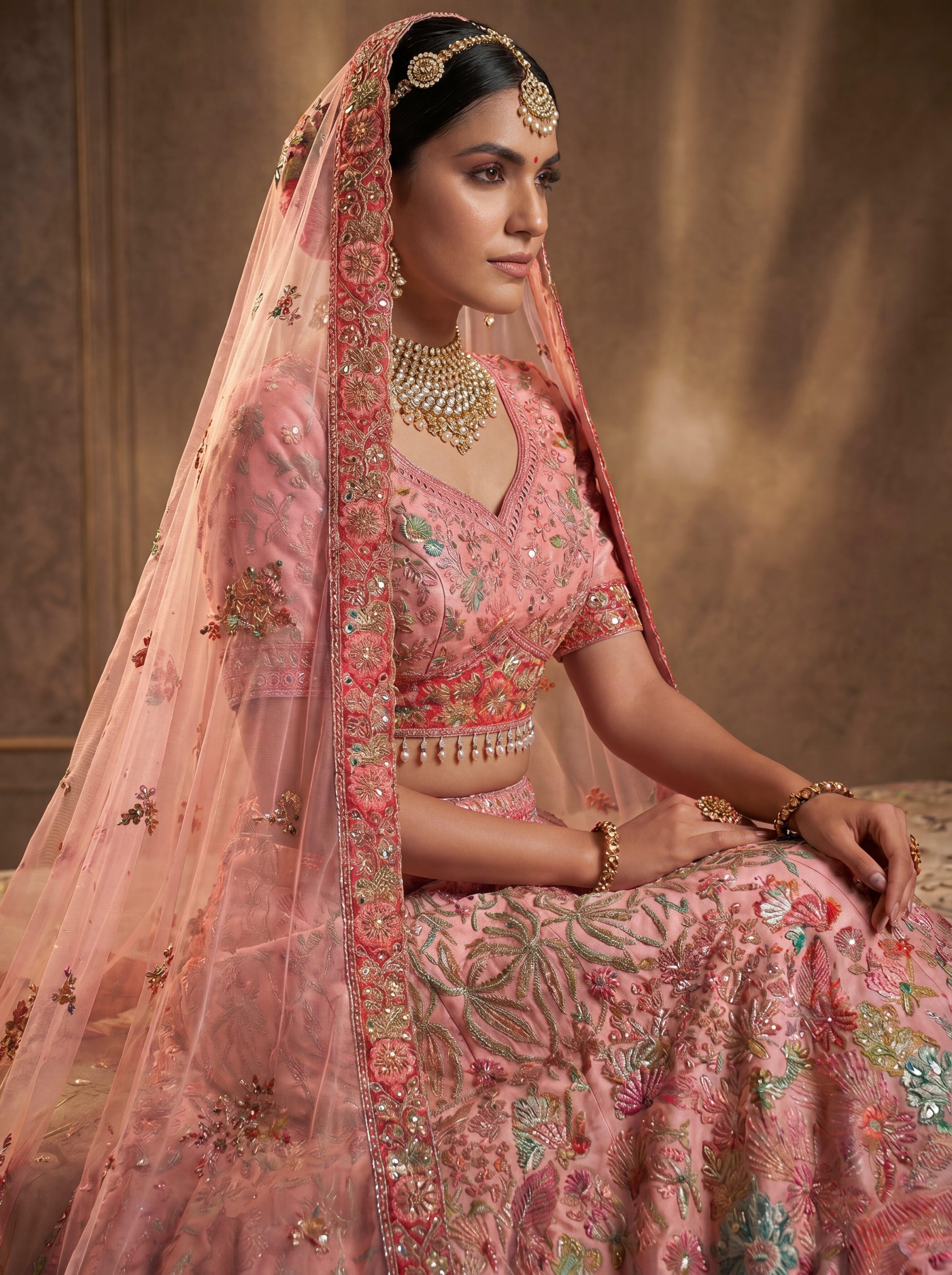 Blush Pink Viscose Sequins Mirror Embroidered Bridal Lehenga Set
