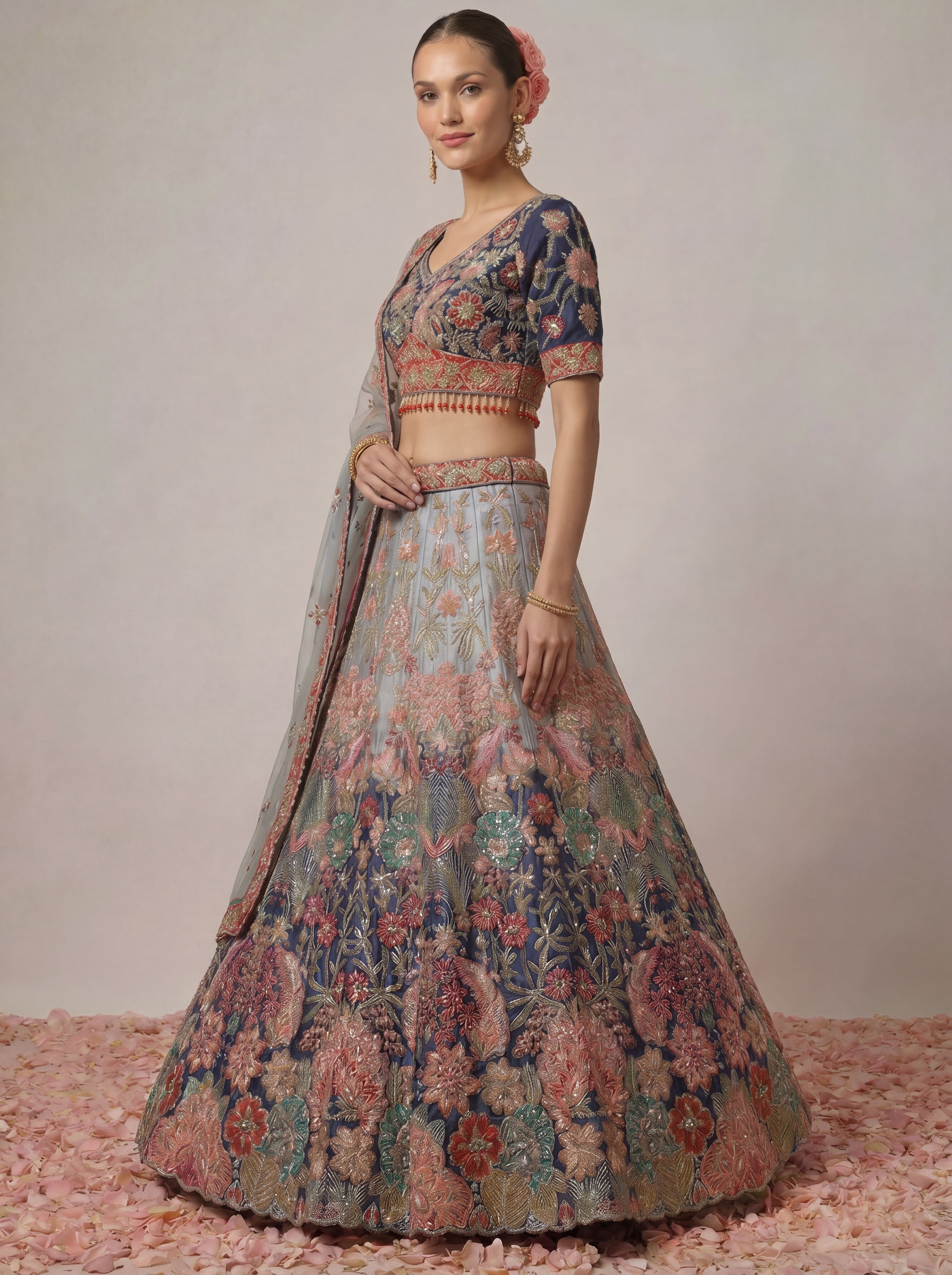 Navy Blue Viscose Mirror Sequins Bridal Lehenga Choli Set