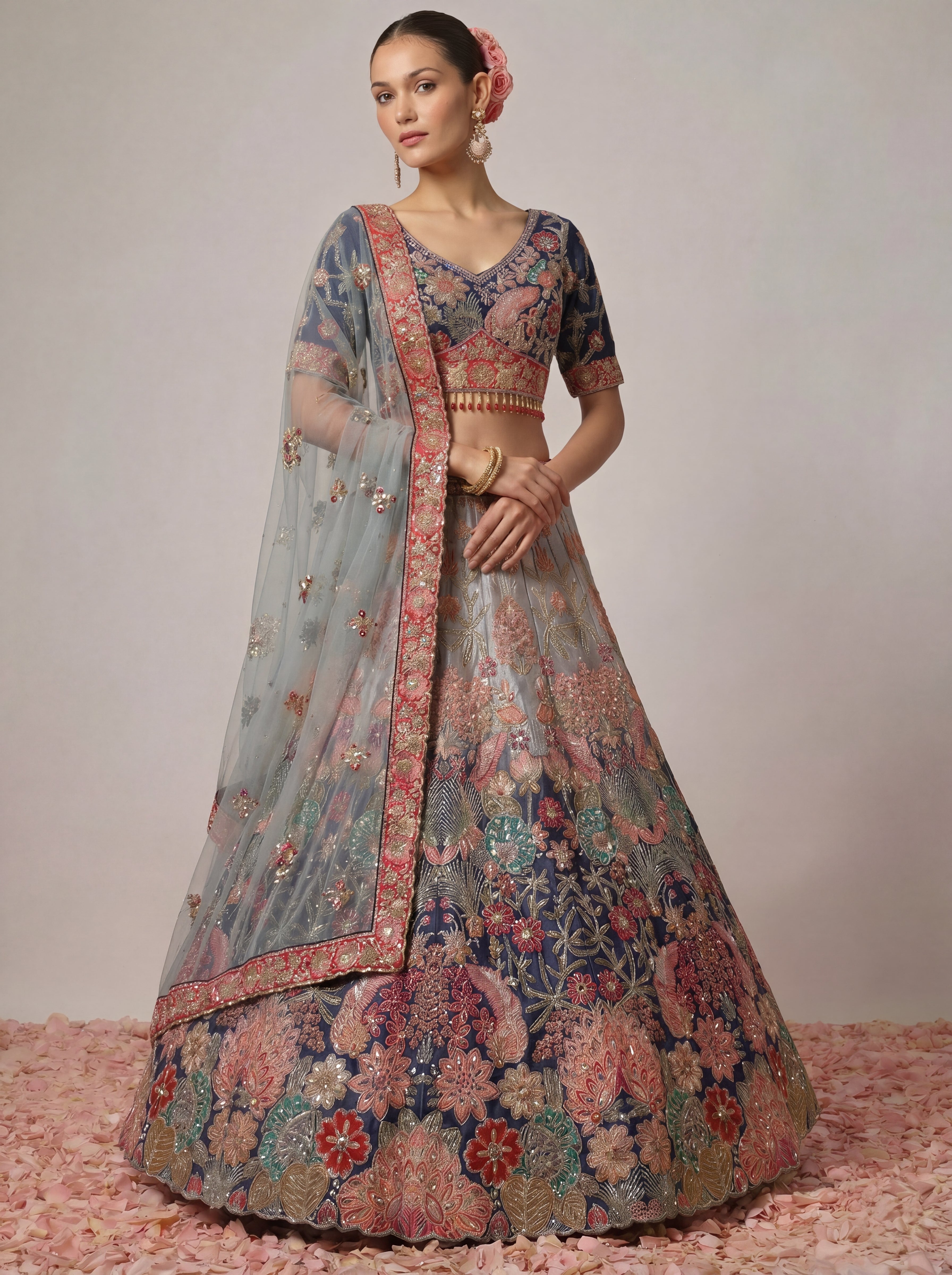 Navy Blue Viscose Mirror Sequins Bridal Lehenga Choli Set