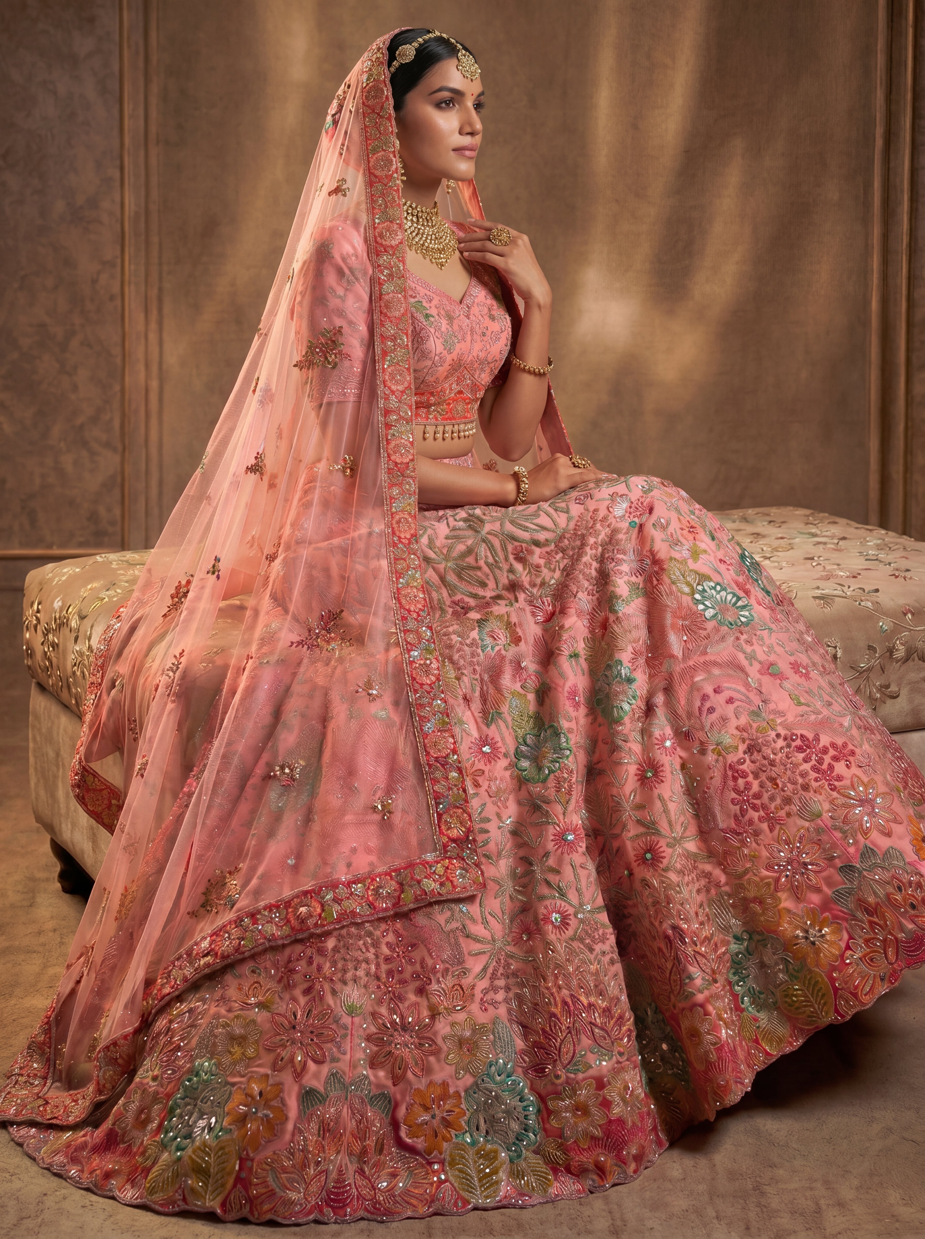 Blush Pink Viscose Sequins Mirror Embroidered Bridal Lehenga Set