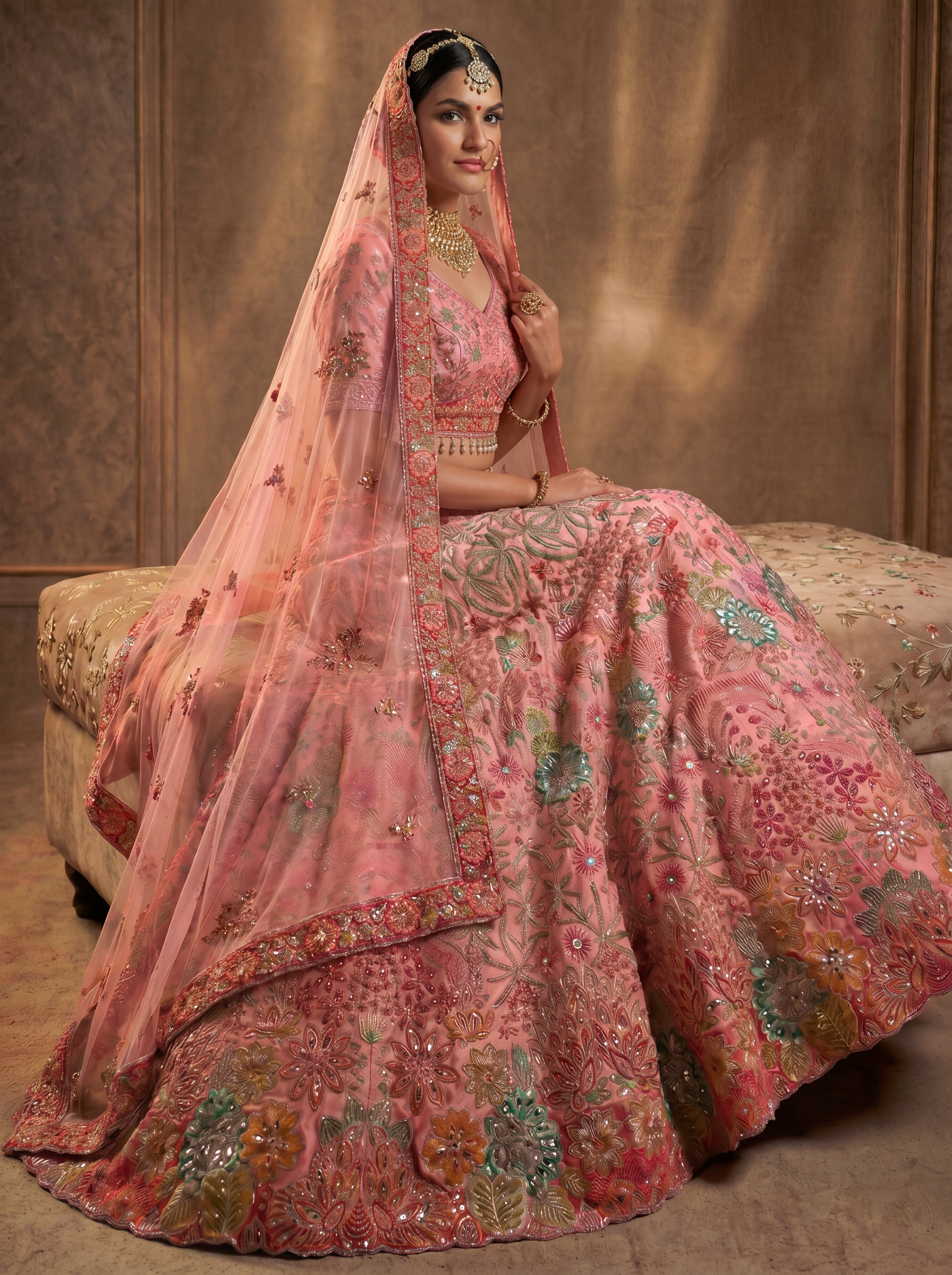 Blush Pink Viscose Sequins Mirror Embroidered Bridal Lehenga Set