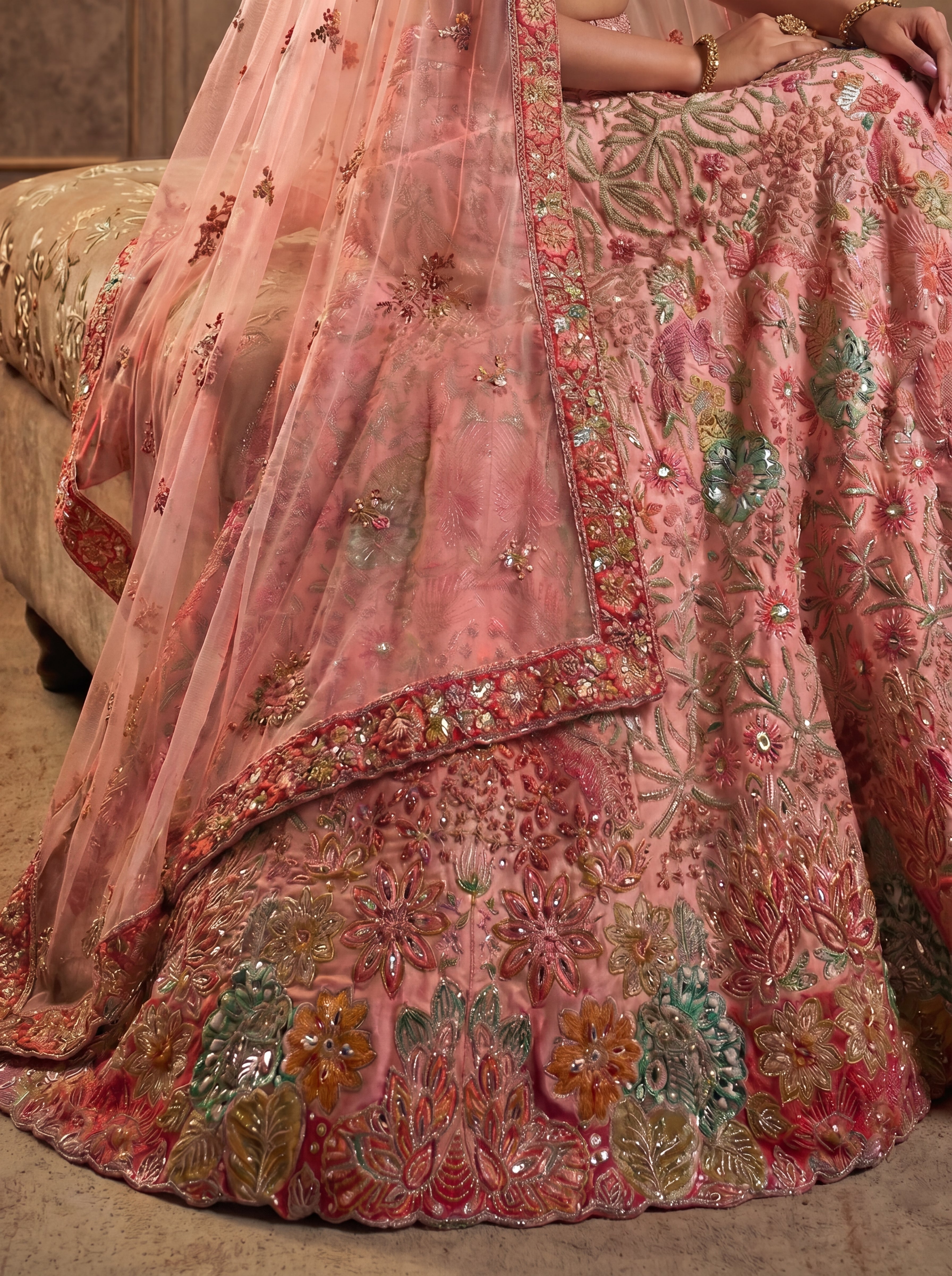 Blush Pink Viscose Sequins Mirror Embroidered Bridal Lehenga Set