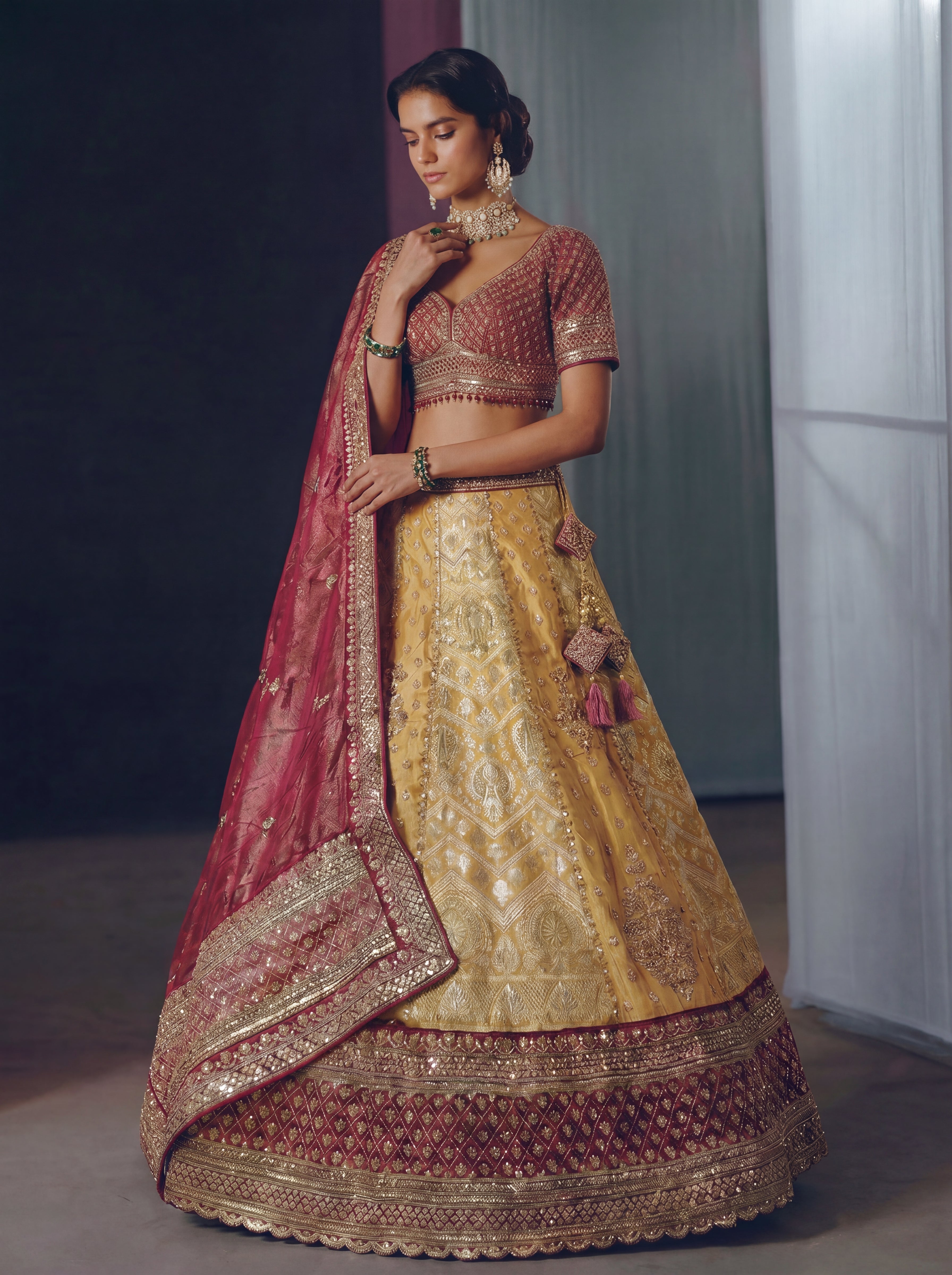 Golden Yellow Tissue Jacquard Mirror Sequins Bridal Lehenga Choli