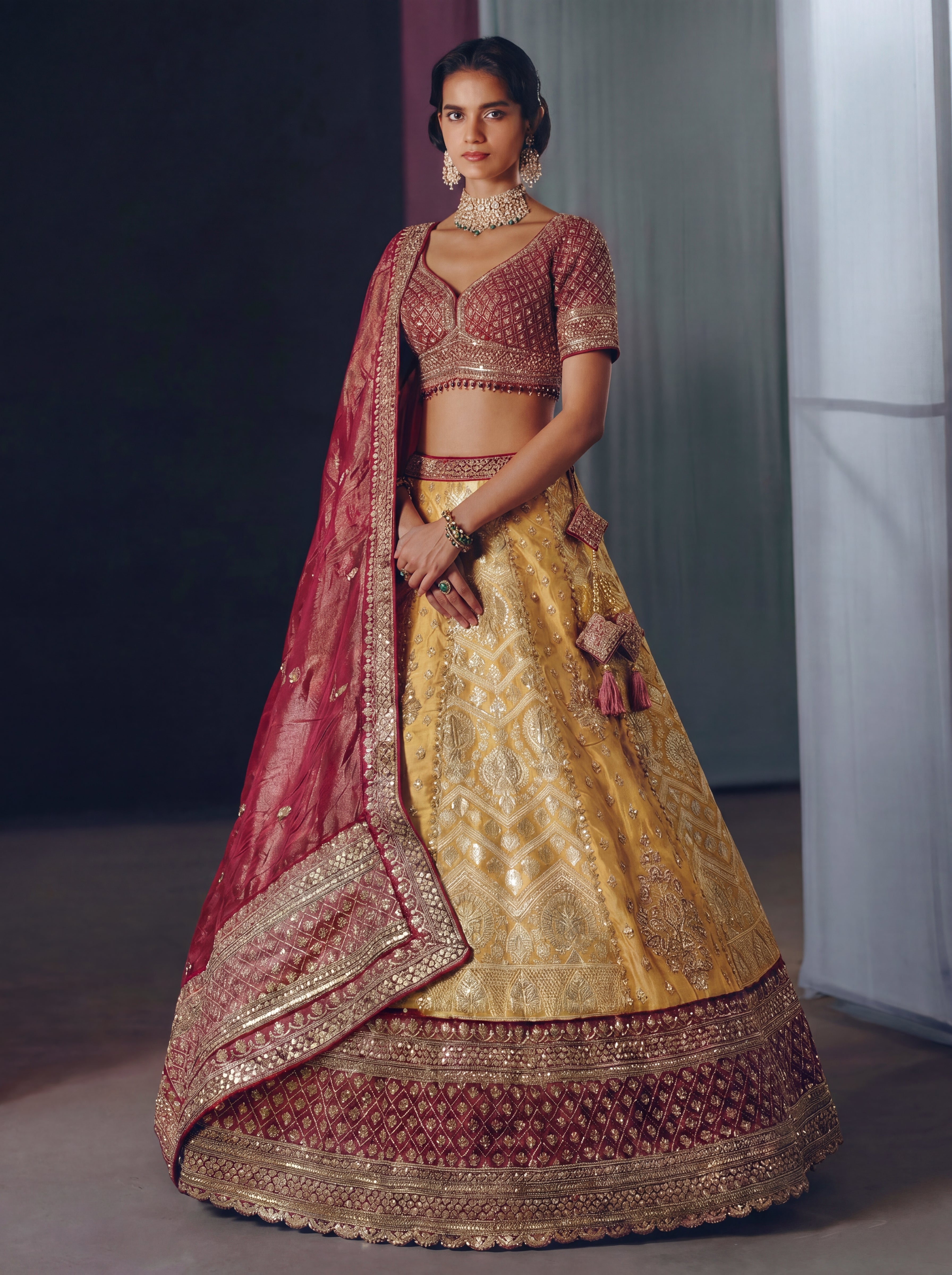 Golden Yellow Tissue Jacquard Mirror Sequins Bridal Lehenga Choli