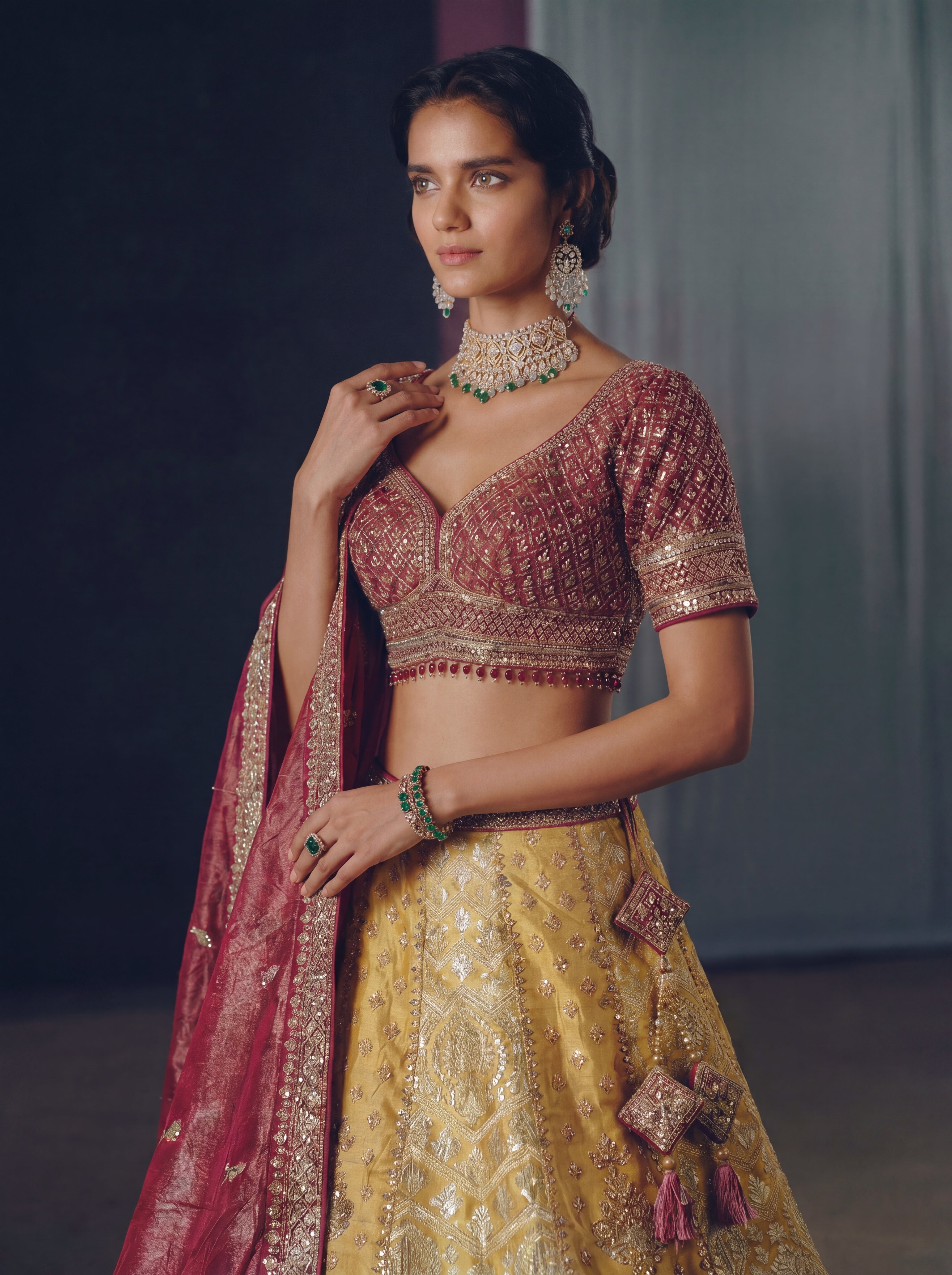Golden Yellow Tissue Jacquard Mirror Sequins Bridal Lehenga Choli