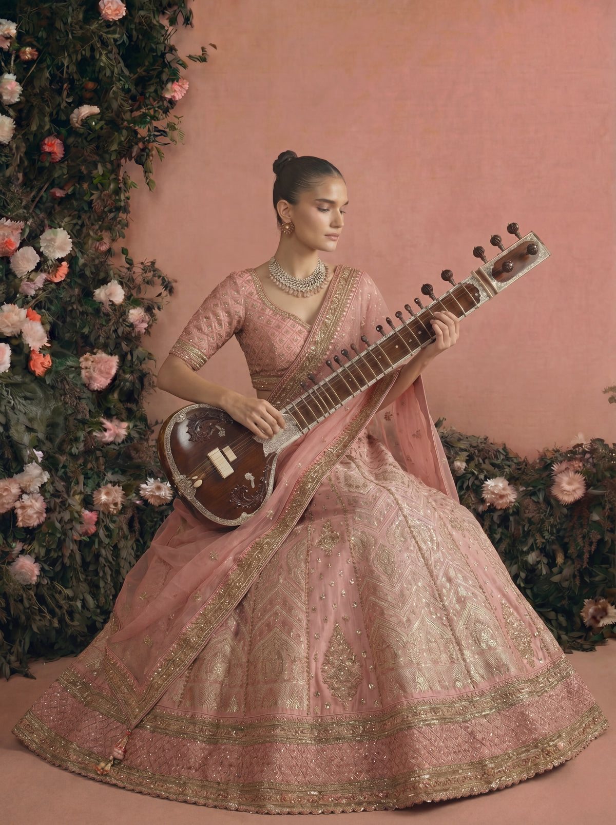 Blush Pink Tissue Jacquard Sequins Mirror Bridal Lehenga Choli