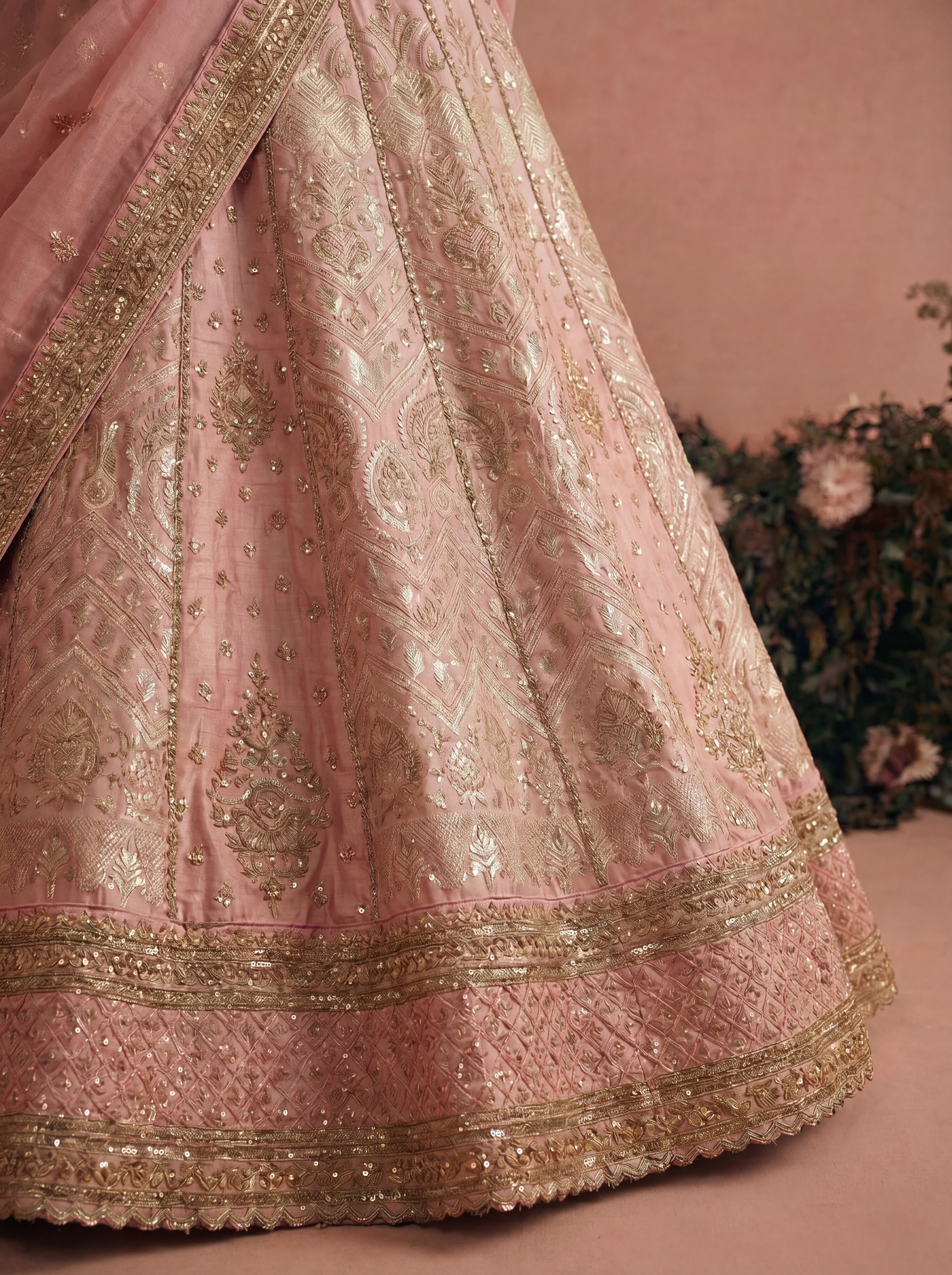 Blush Pink Tissue Jacquard Sequins Mirror Bridal Lehenga Choli