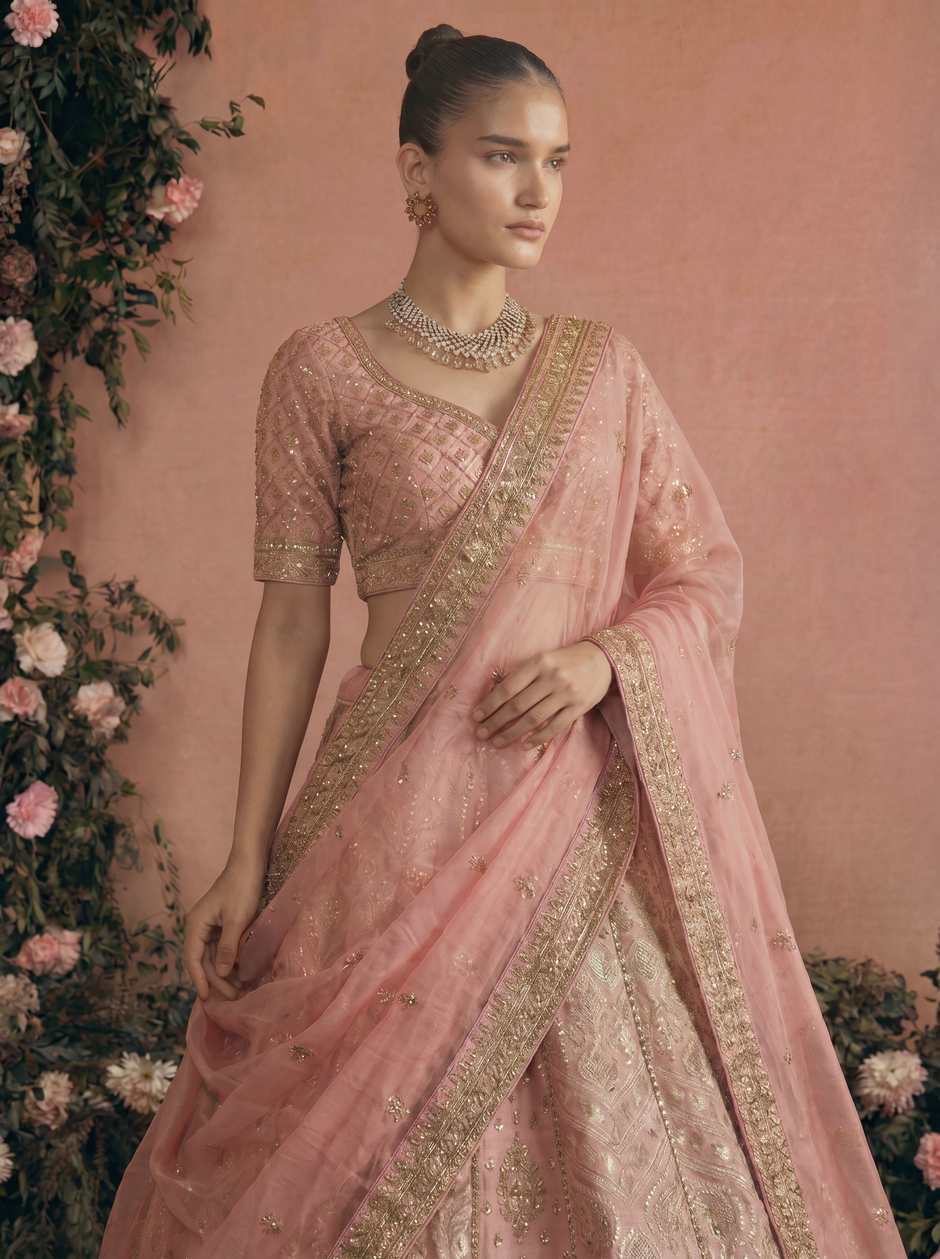 Blush Pink Tissue Jacquard Sequins Mirror Bridal Lehenga Choli