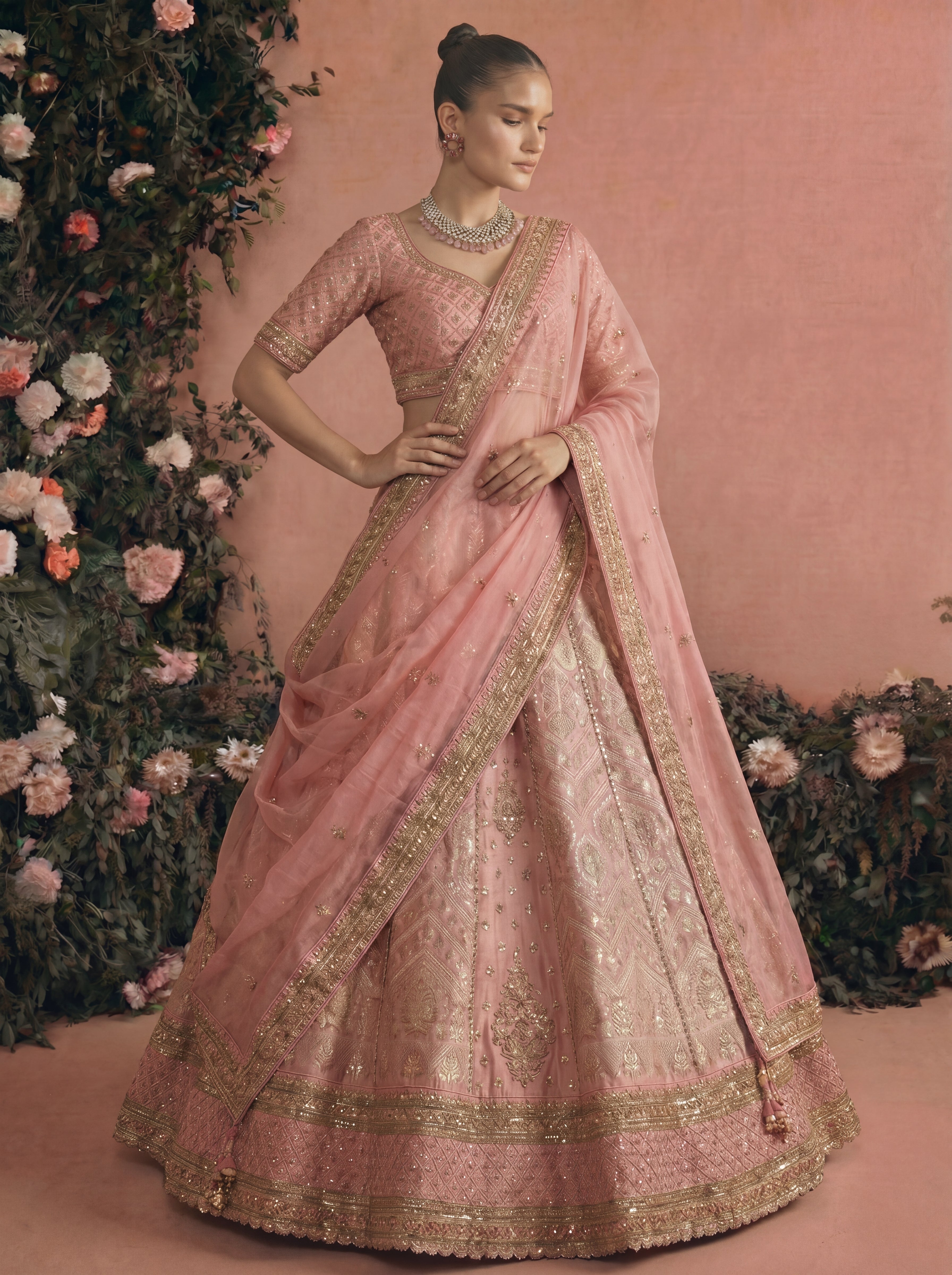 Blush Pink Tissue Jacquard Sequins Mirror Bridal Lehenga Choli
