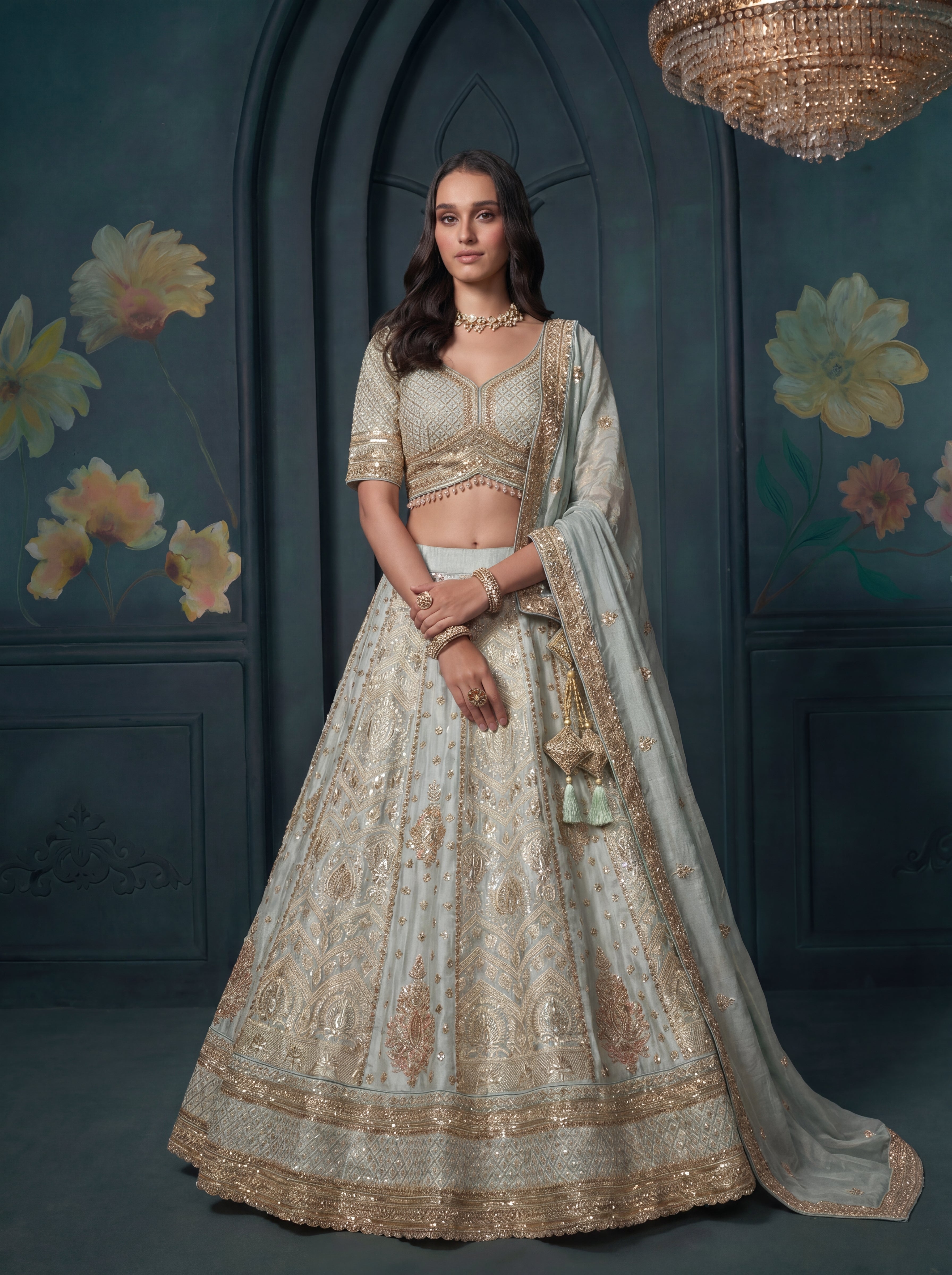 Mint Aqua Tissue Jacquard Mirror Sequins Bridal Lehenga Choli