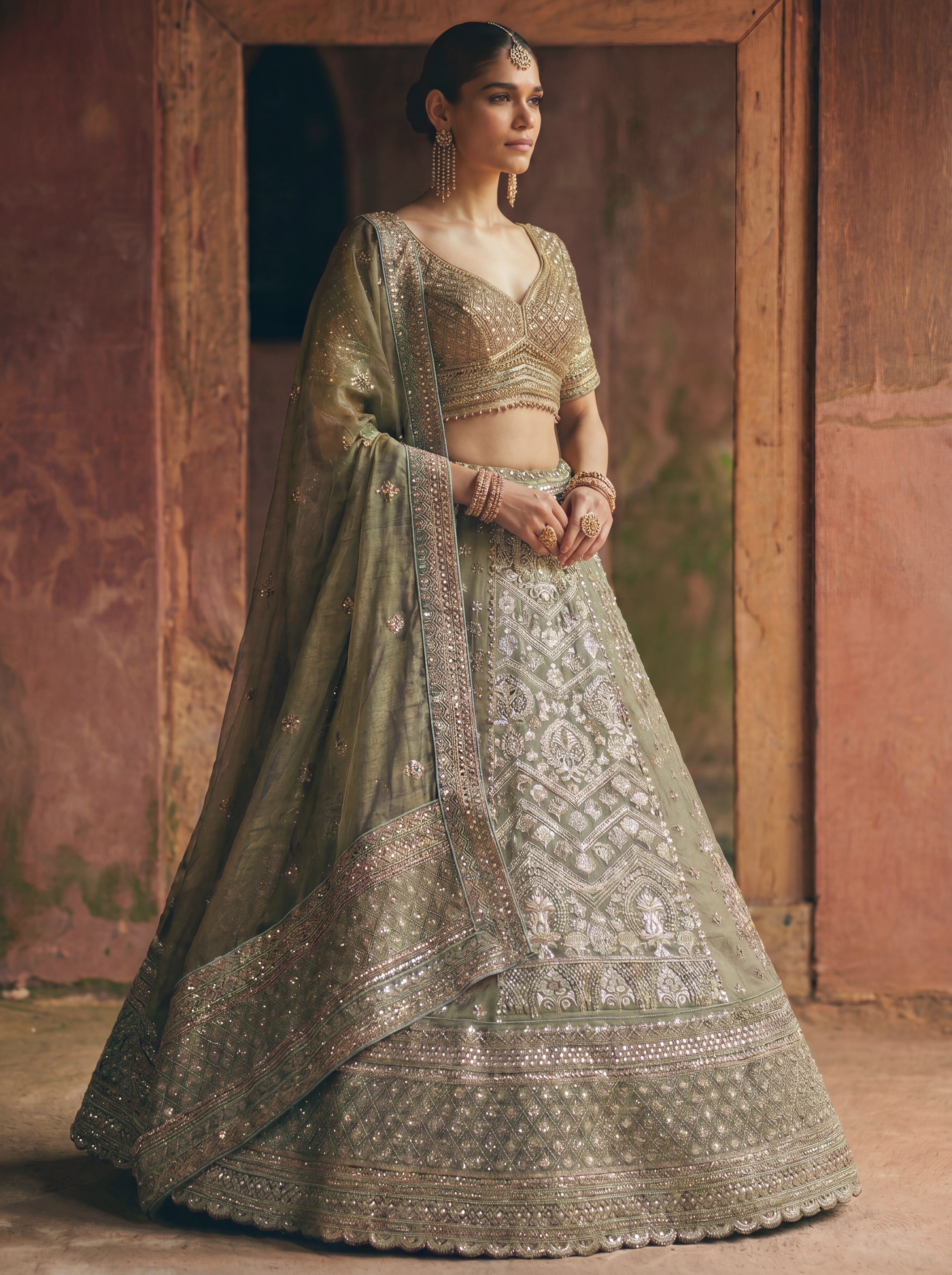 Sage Green Tissue Jacquard Mirror Sequins Bridal Lehenga Choli