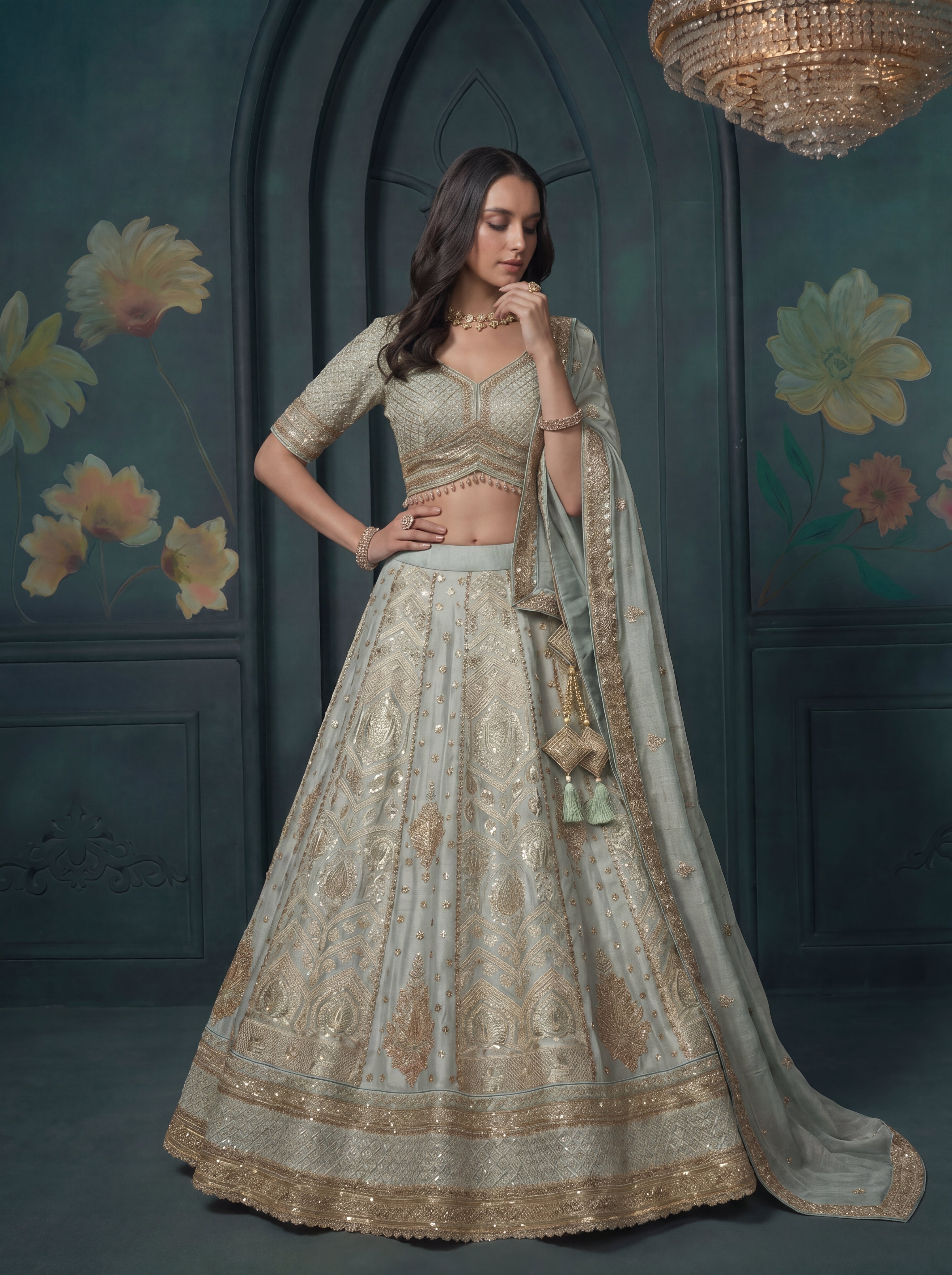 Mint Aqua Tissue Jacquard Mirror Sequins Bridal Lehenga Choli