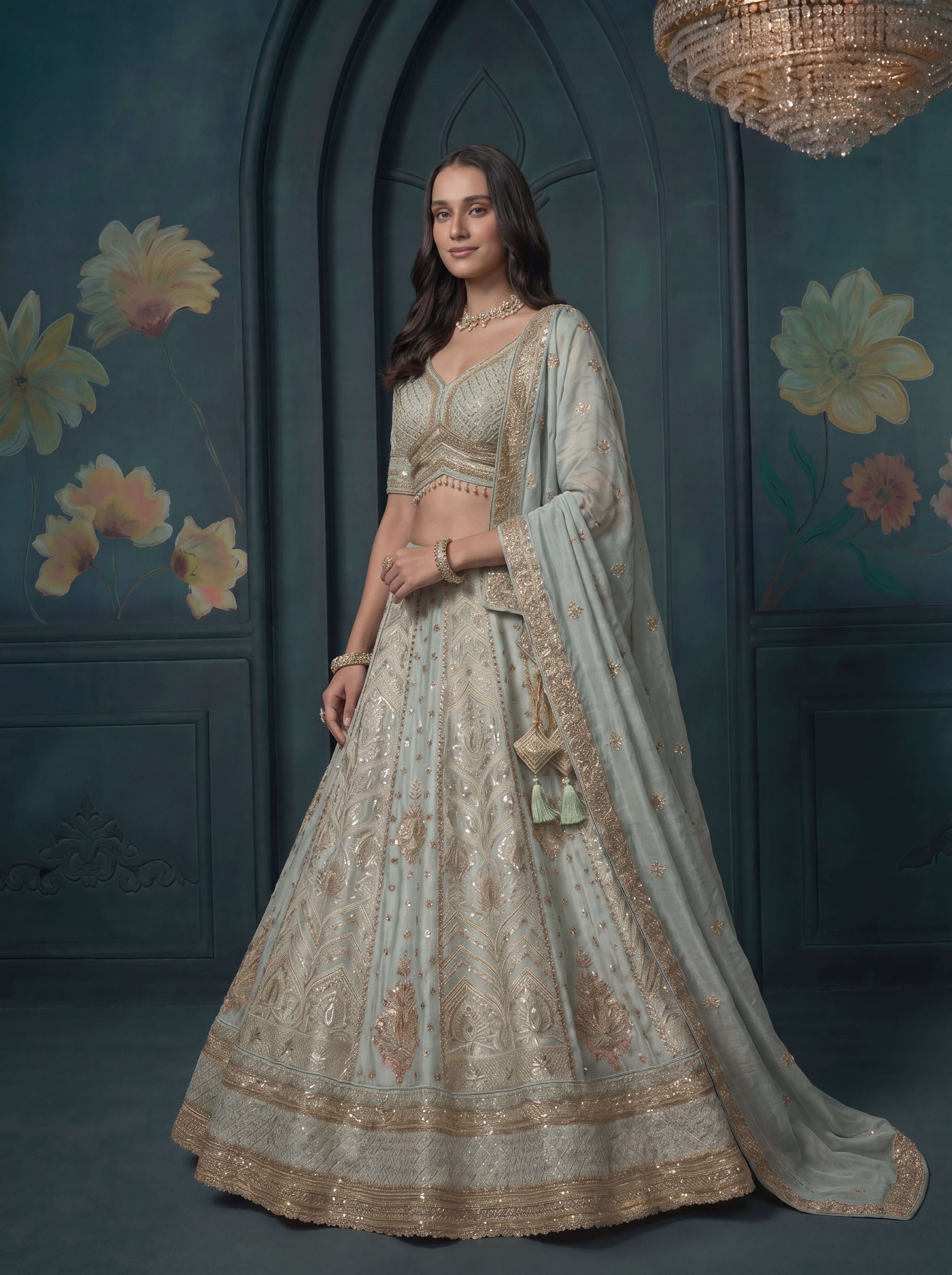 Mint Aqua Tissue Jacquard Mirror Sequins Bridal Lehenga Choli
