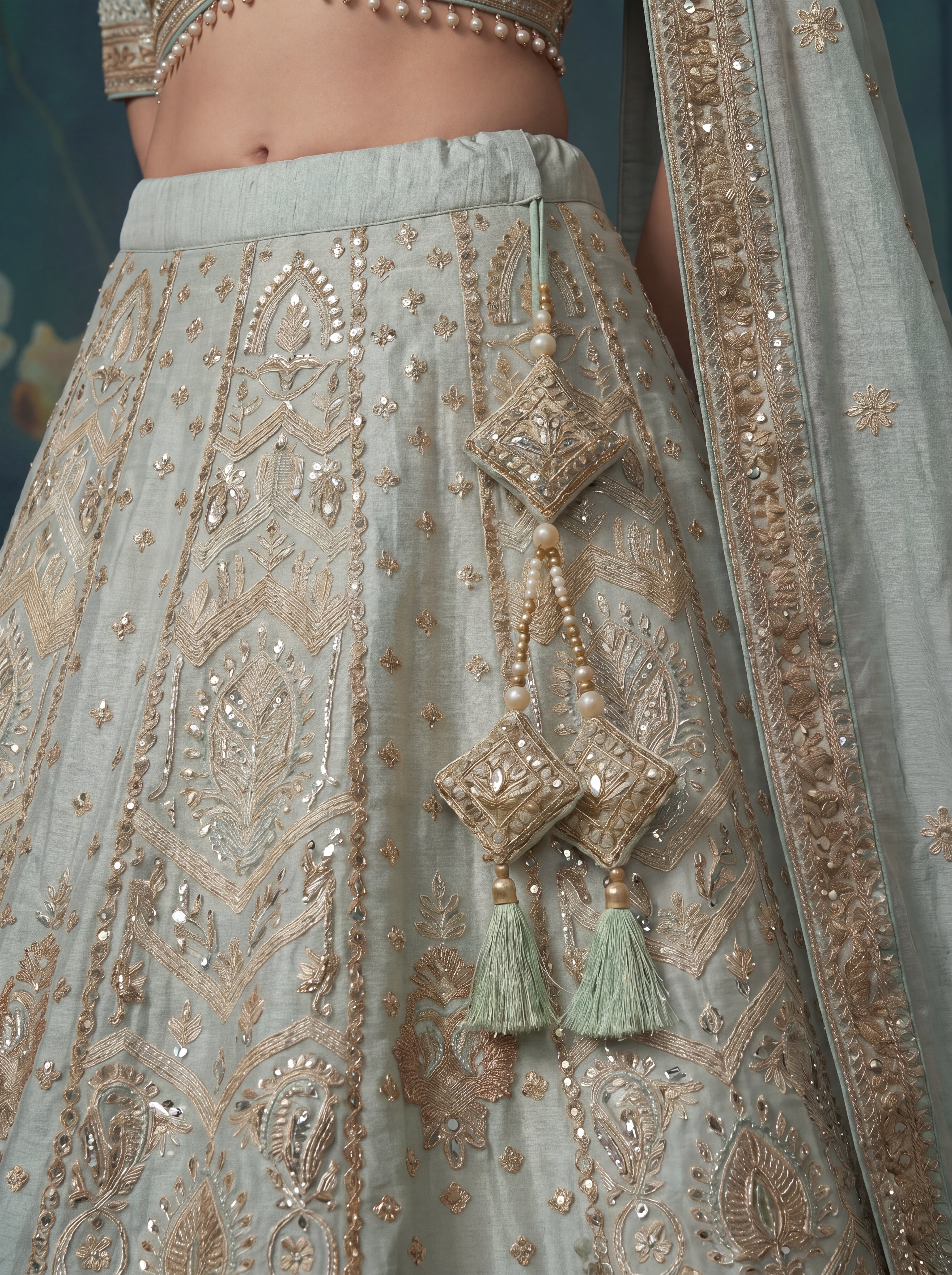 Mint Aqua Tissue Jacquard Mirror Sequins Bridal Lehenga Choli