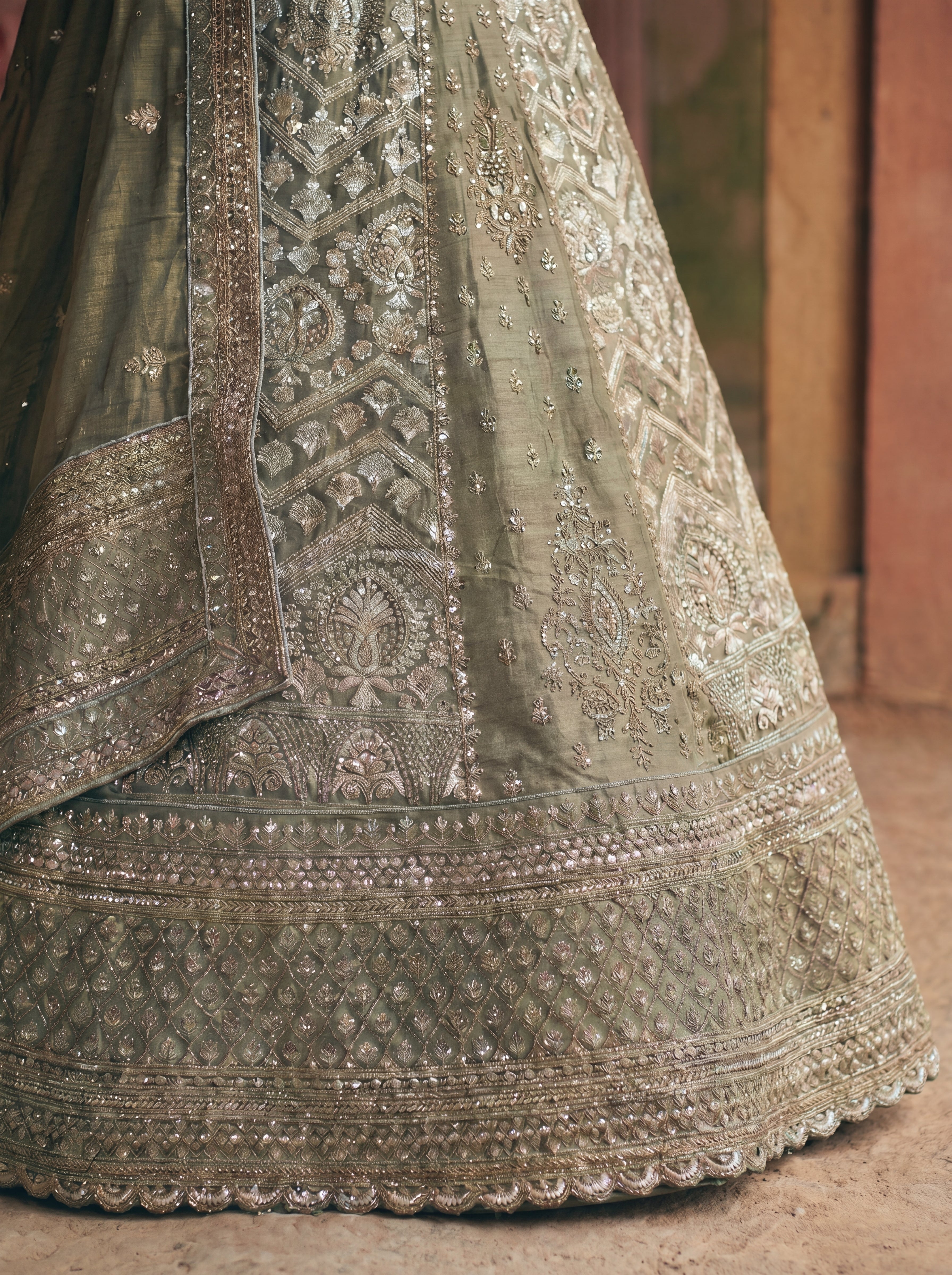 Sage Green Tissue Jacquard Mirror Sequins Bridal Lehenga Choli