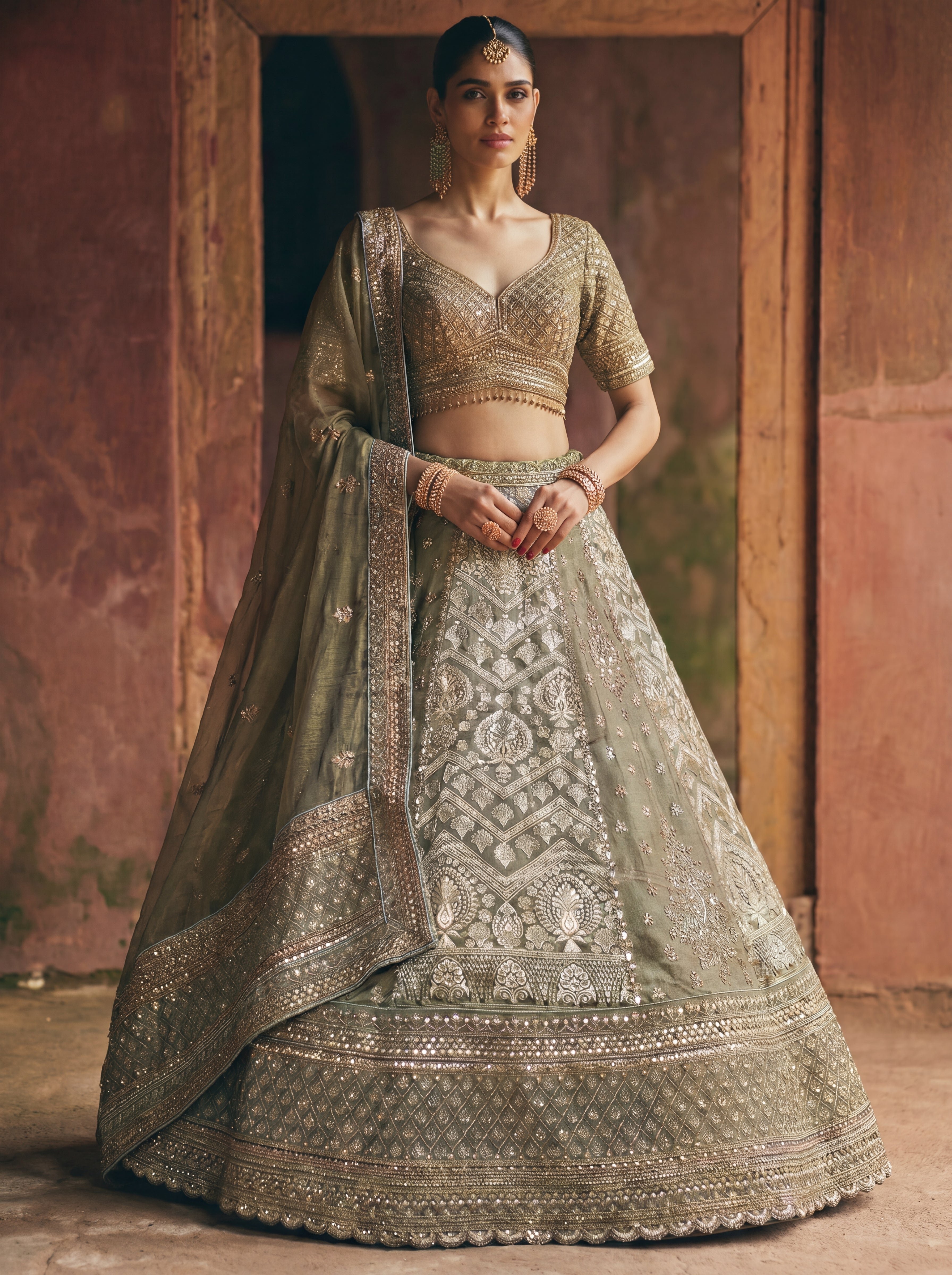 Sage Green Tissue Jacquard Mirror Sequins Bridal Lehenga Choli