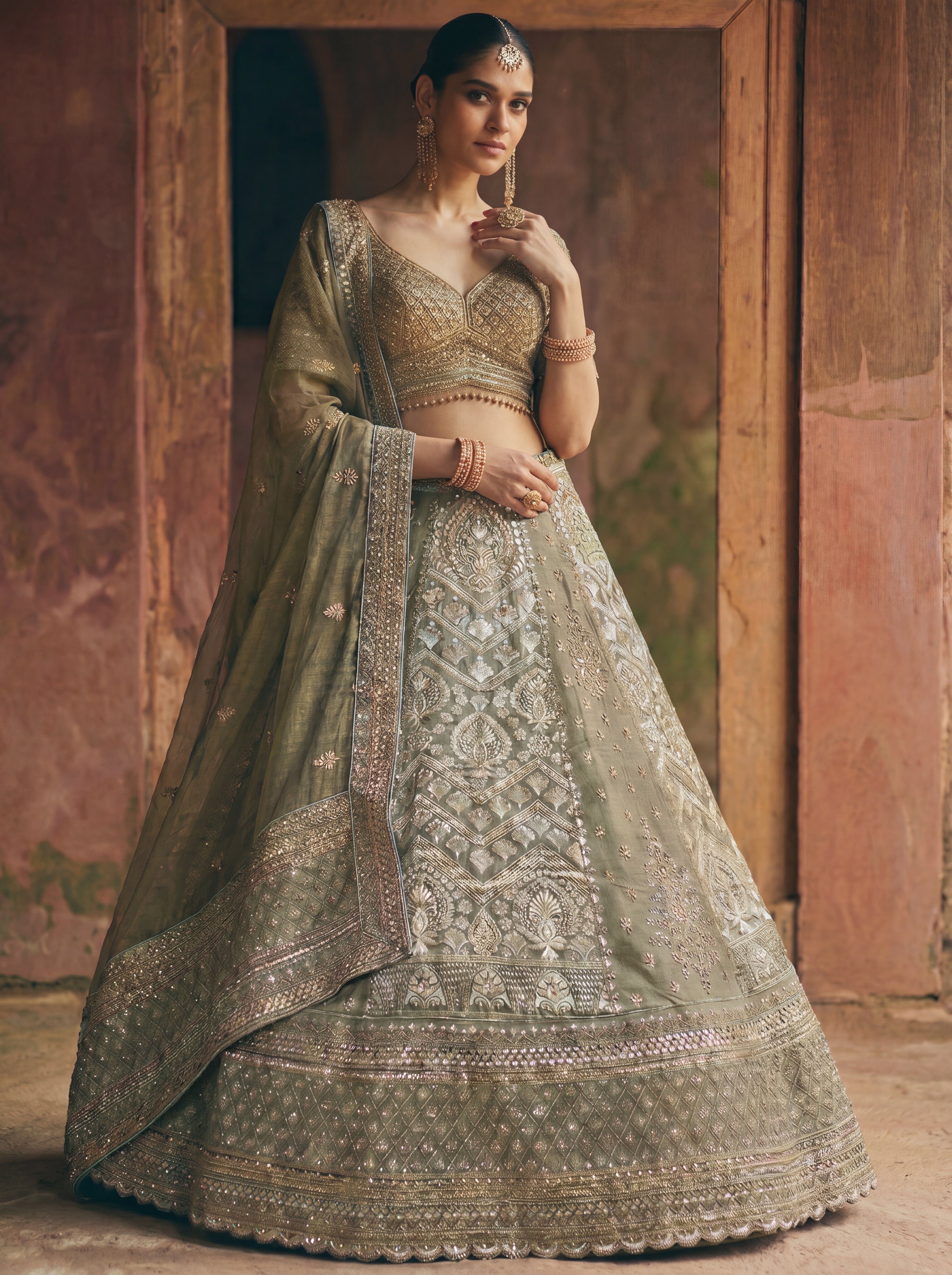 Sage Green Tissue Jacquard Mirror Sequins Bridal Lehenga Choli