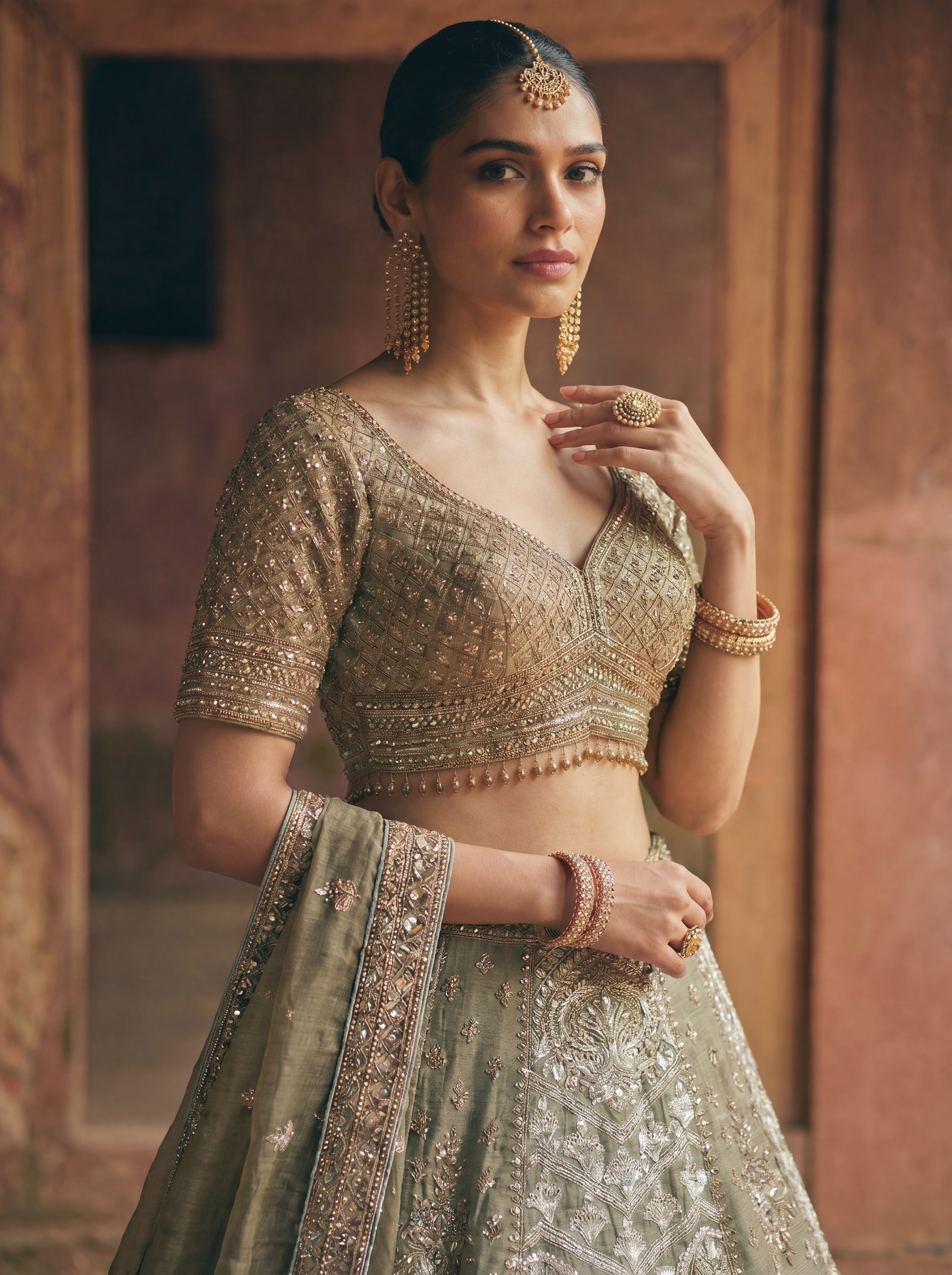 Sage Green Tissue Jacquard Mirror Sequins Bridal Lehenga Choli