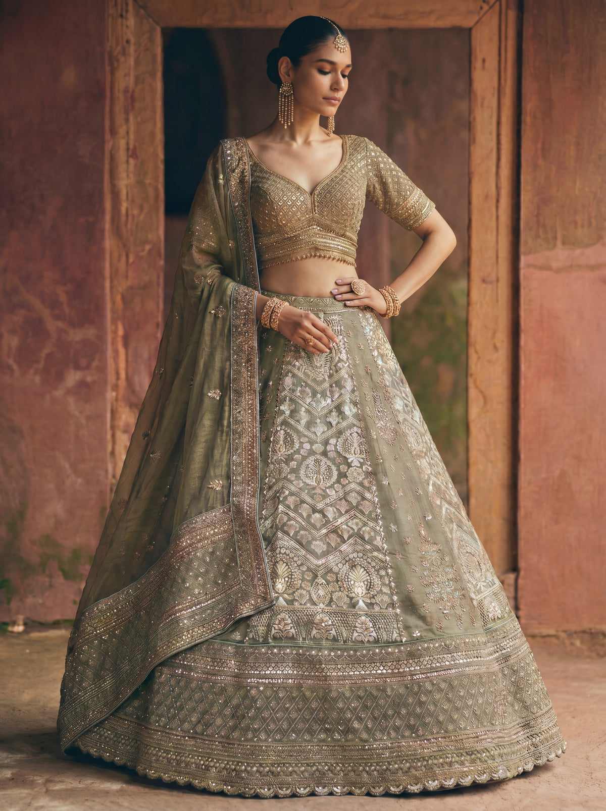 Sage Green Tissue Jacquard Mirror Sequins Bridal Lehenga Choli