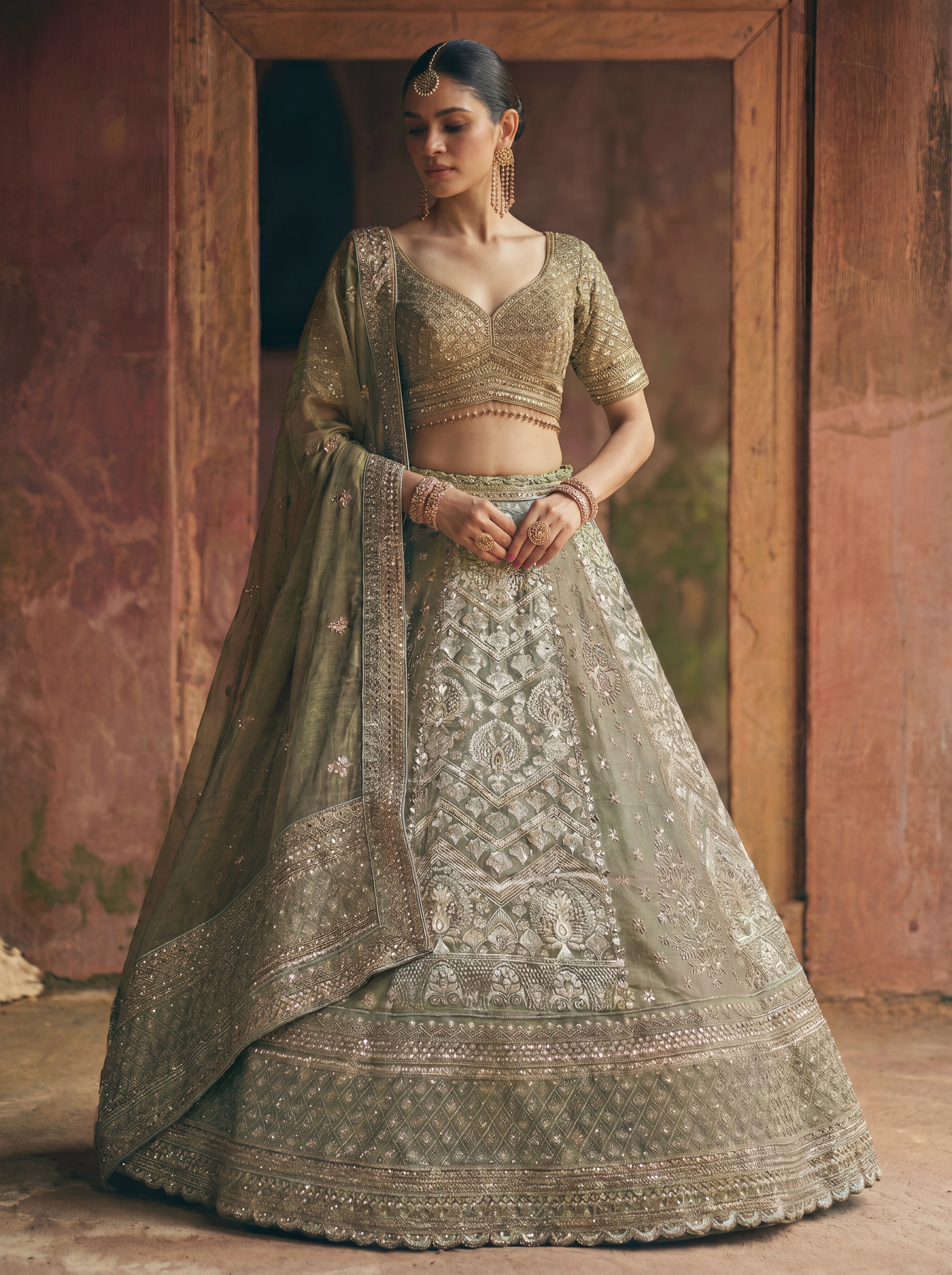 Sage Green Tissue Jacquard Mirror Sequins Bridal Lehenga Choli