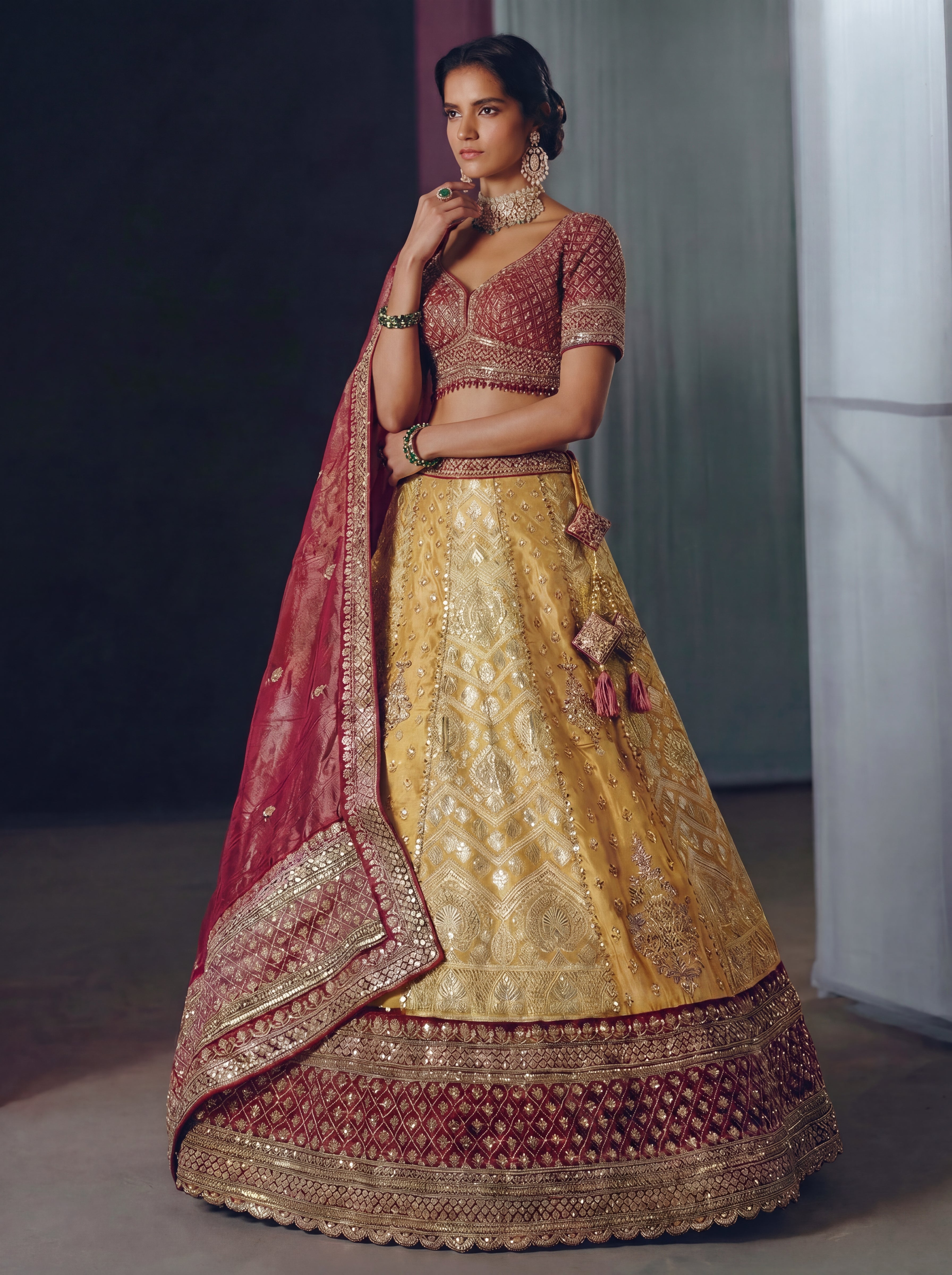 Golden Yellow Tissue Jacquard Mirror Sequins Bridal Lehenga Choli