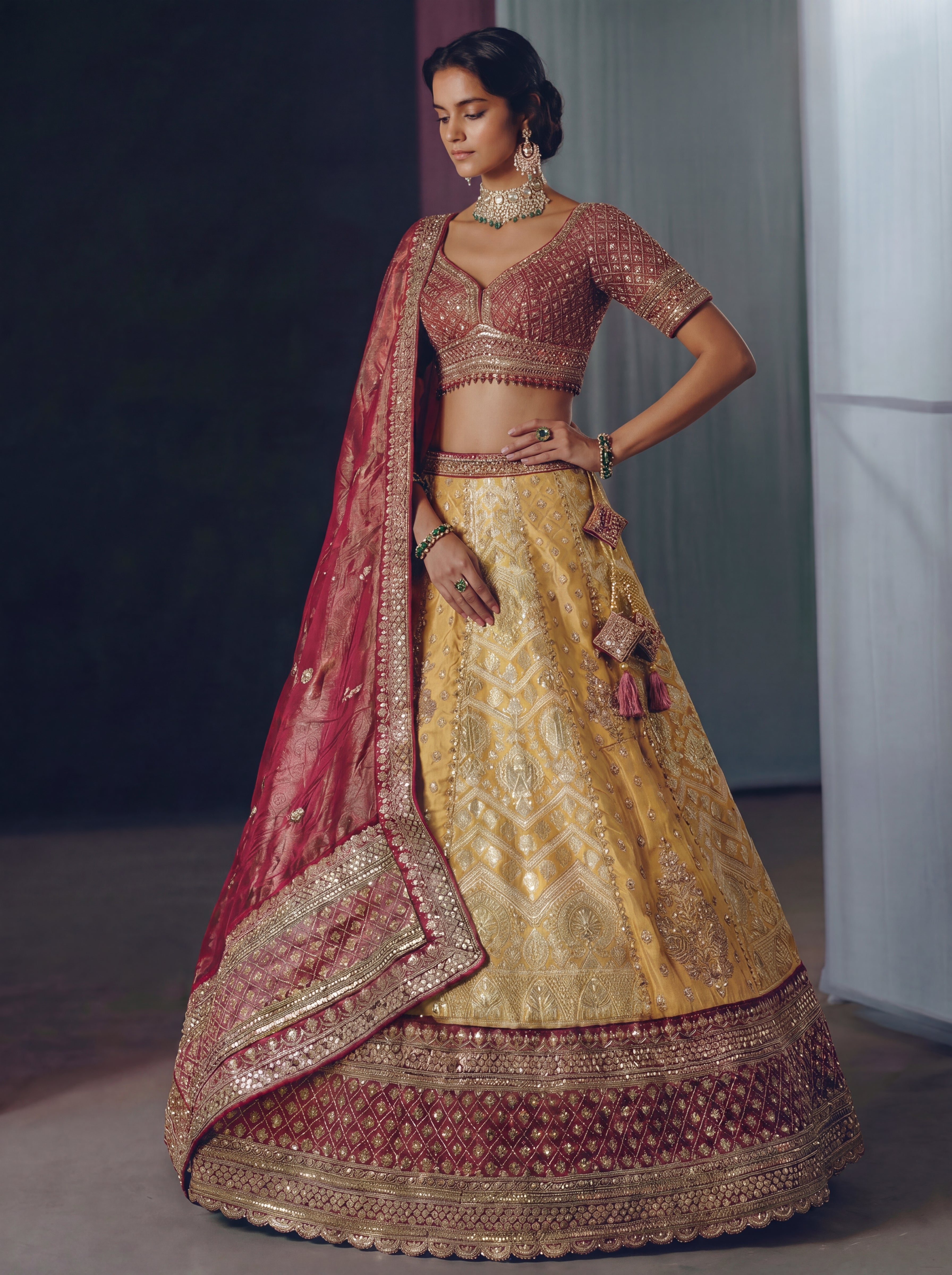 Golden Yellow Tissue Jacquard Mirror Sequins Bridal Lehenga Choli