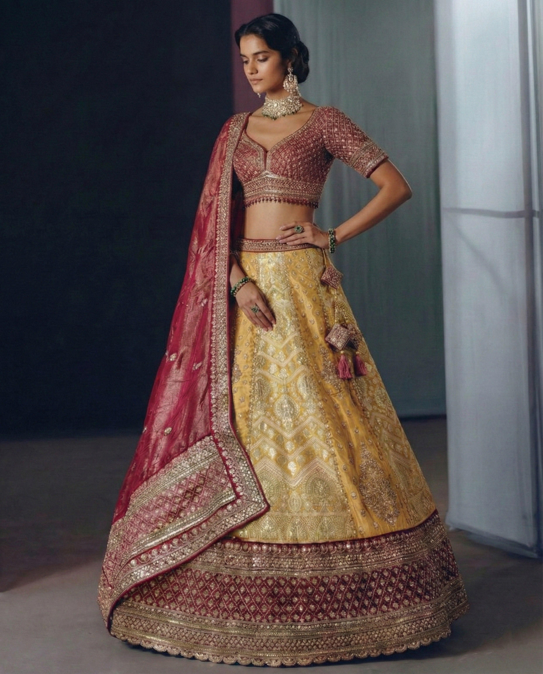 Golden Yellow Tissue Jacquard Mirror Sequins Bridal Lehenga Choli