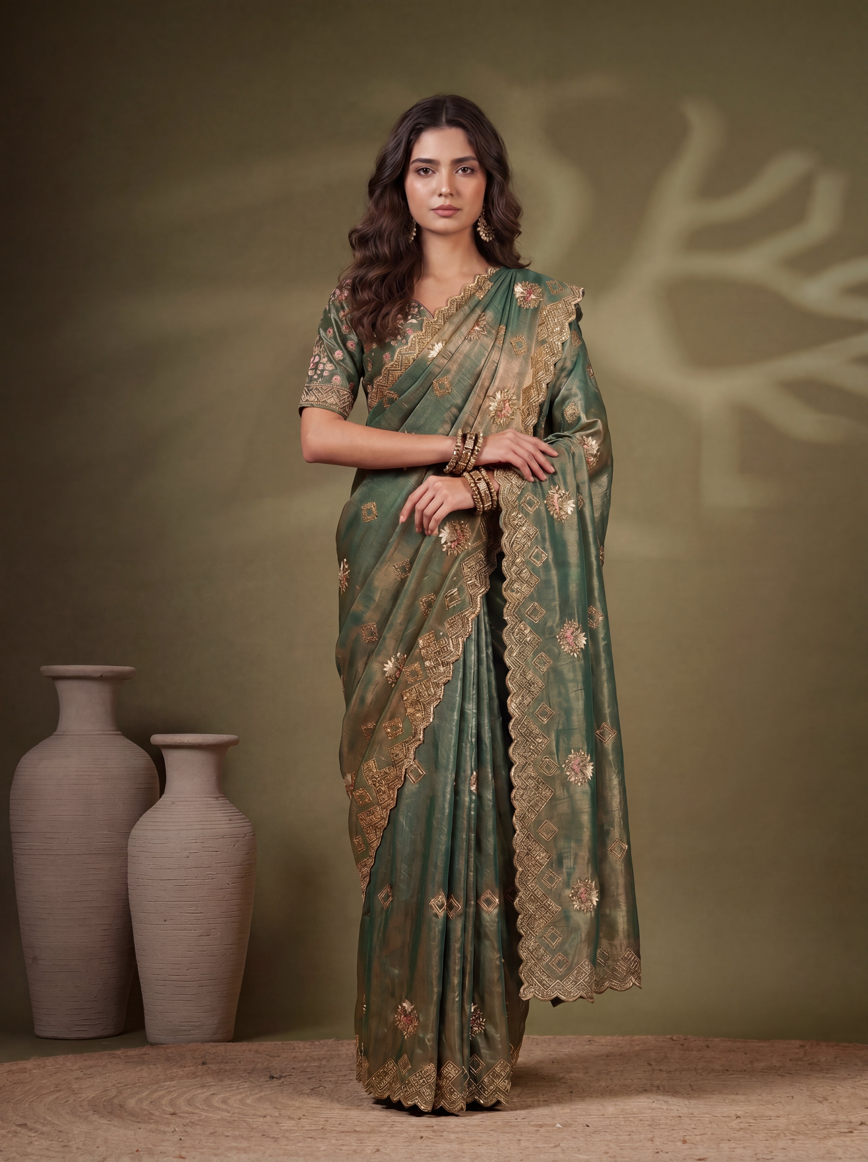 Sage Green Fendi Sequins Zari Embroidery Handwork Bridal Saree