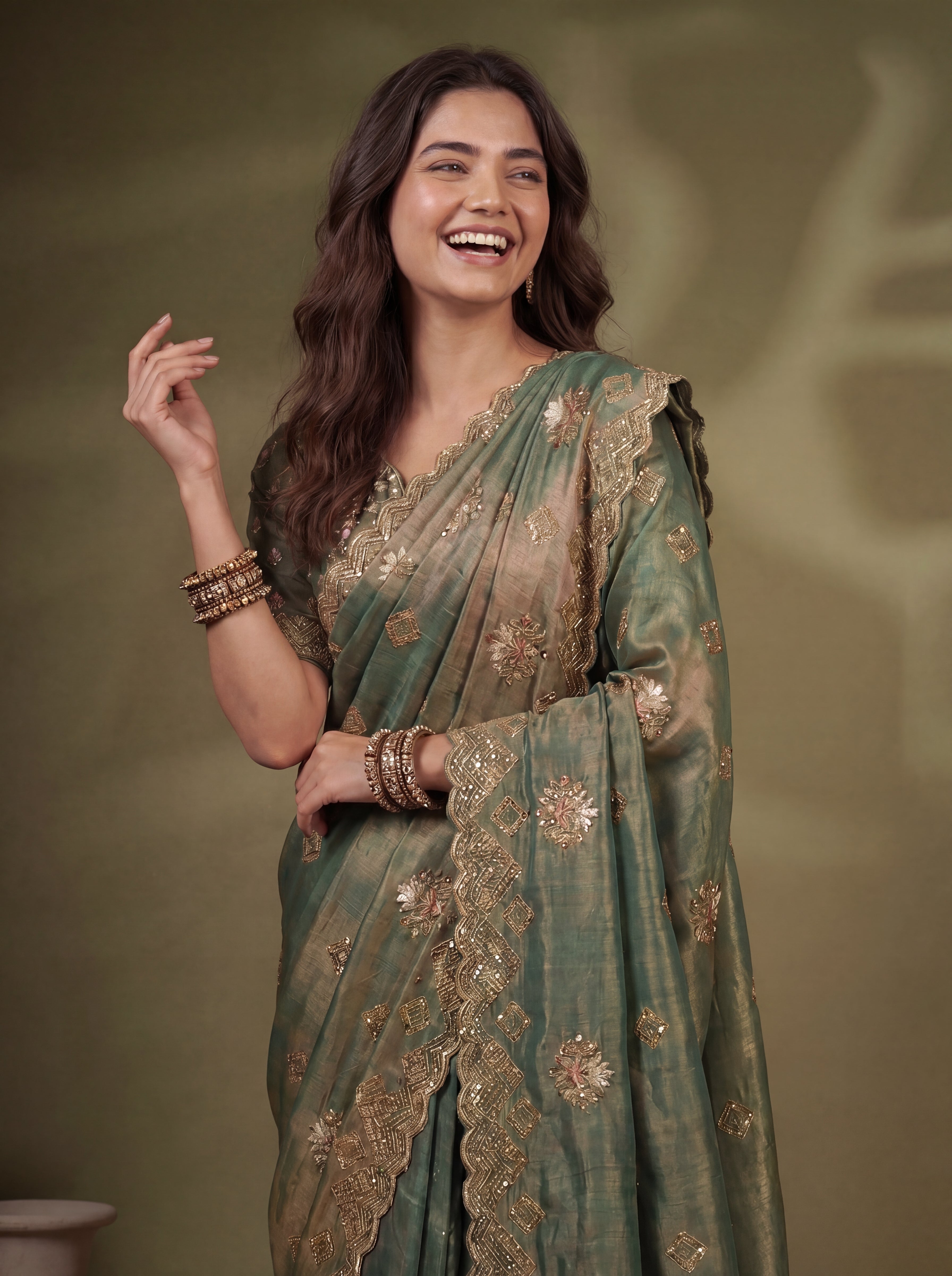 Sage Green Fendi Sequins Zari Embroidery Handwork Bridal Saree