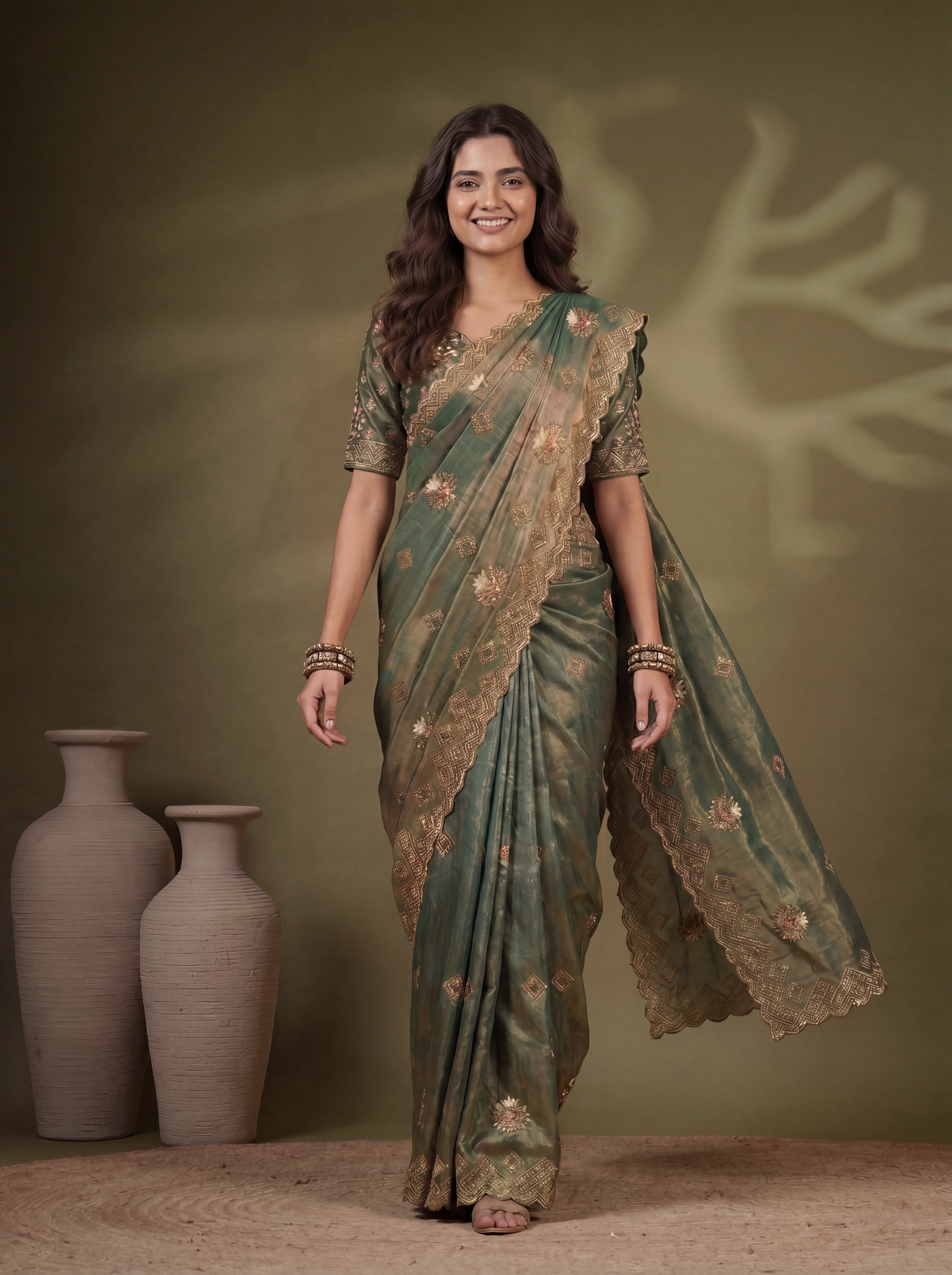 Sage Green Fendi Sequins Zari Embroidery Handwork Bridal Saree