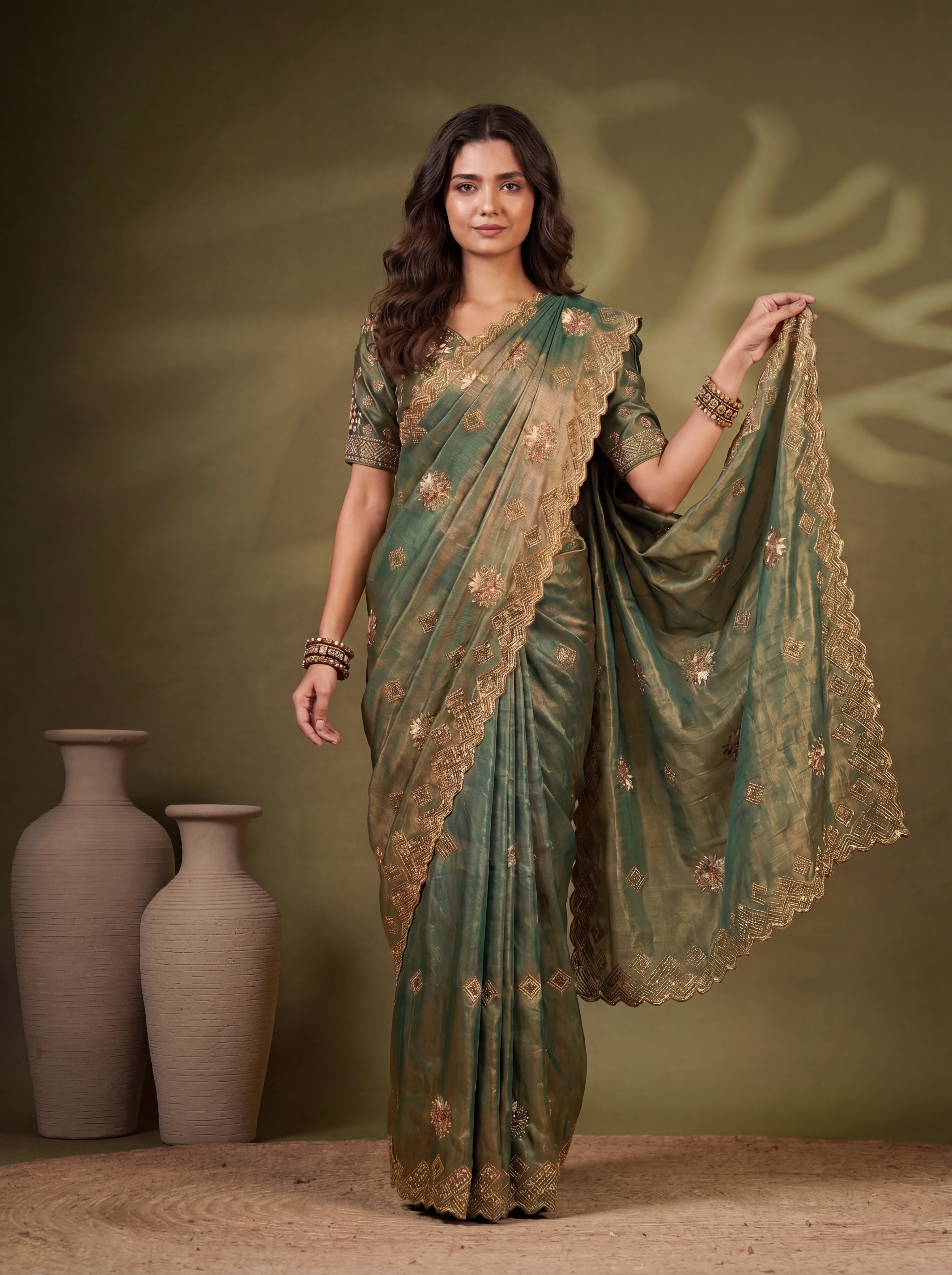 Sage Green Fendi Sequins Zari Embroidery Handwork Bridal Saree