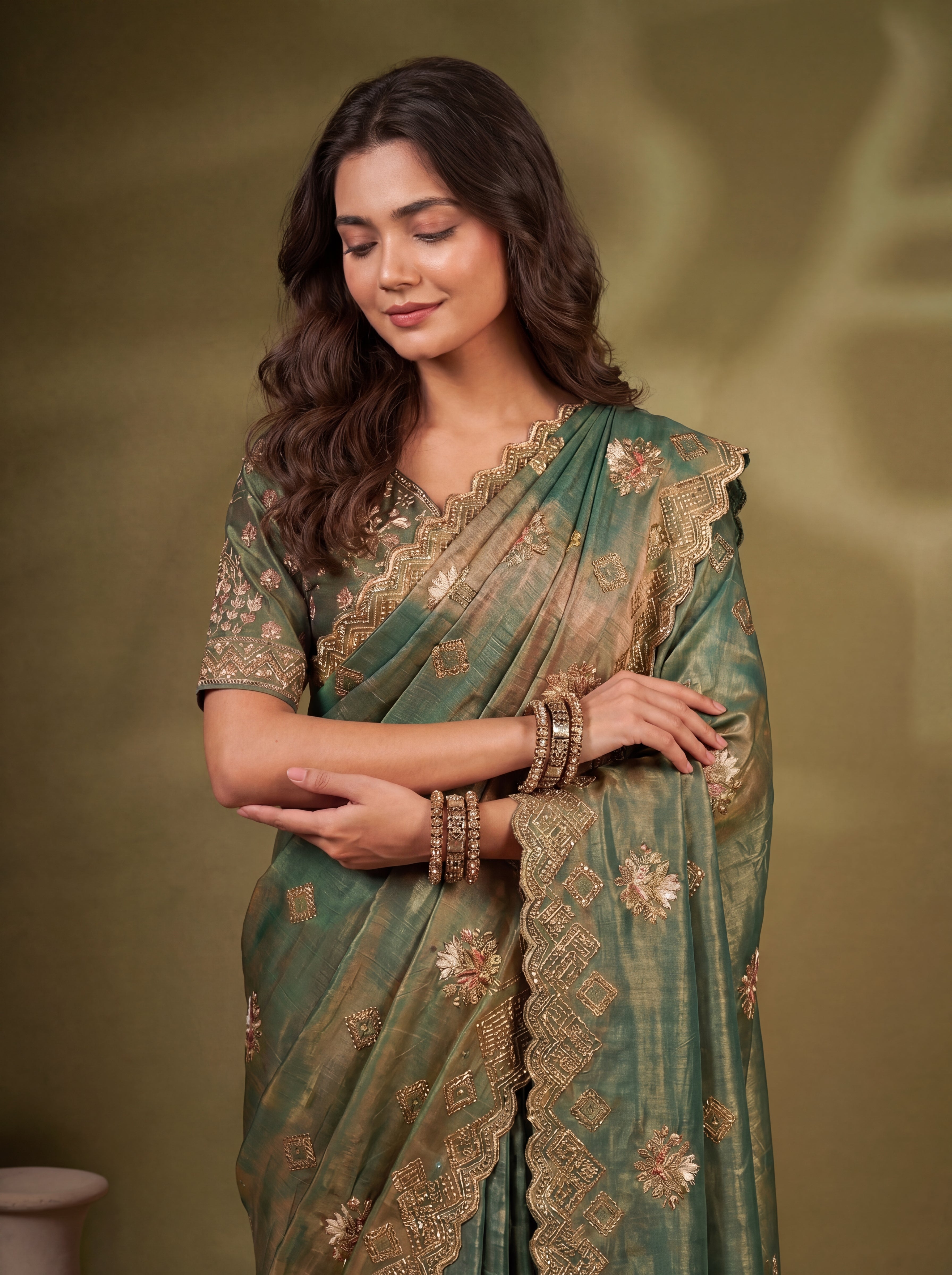 Sage Green Fendi Sequins Zari Embroidery Handwork Bridal Saree