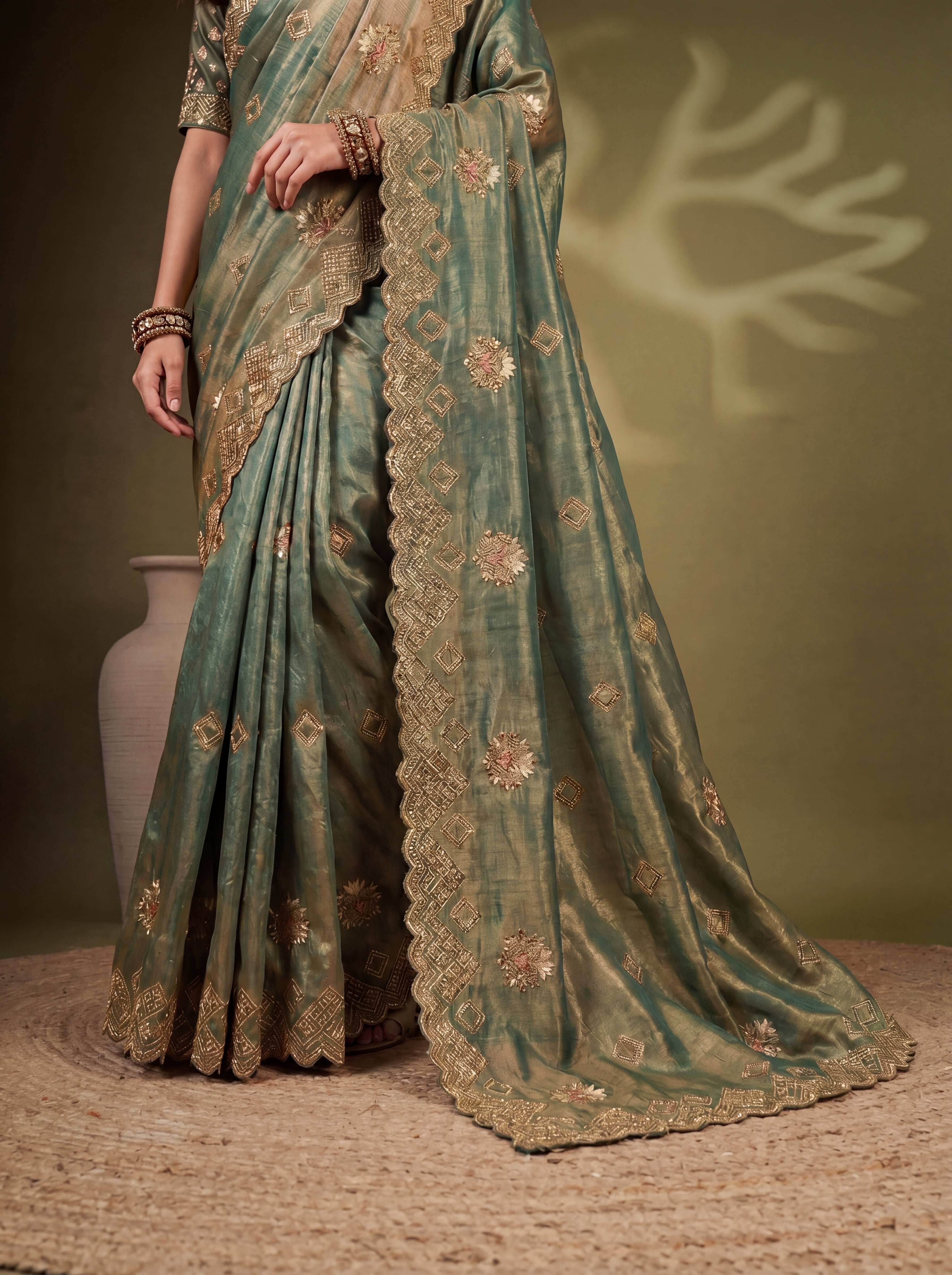 Sage Green Fendi Sequins Zari Embroidery Handwork Bridal Saree