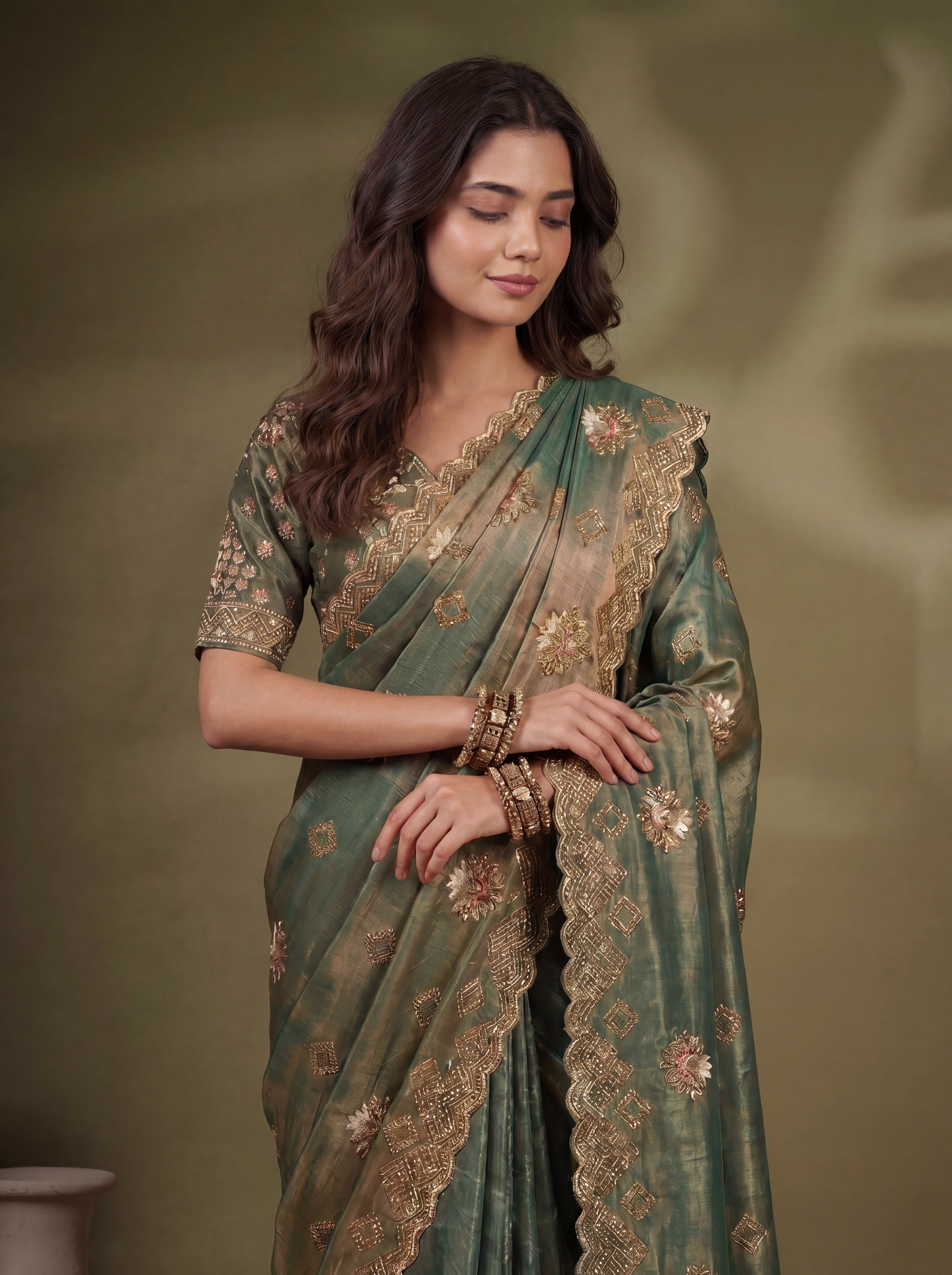 Sage Green Fendi Sequins Zari Embroidery Handwork Bridal Saree