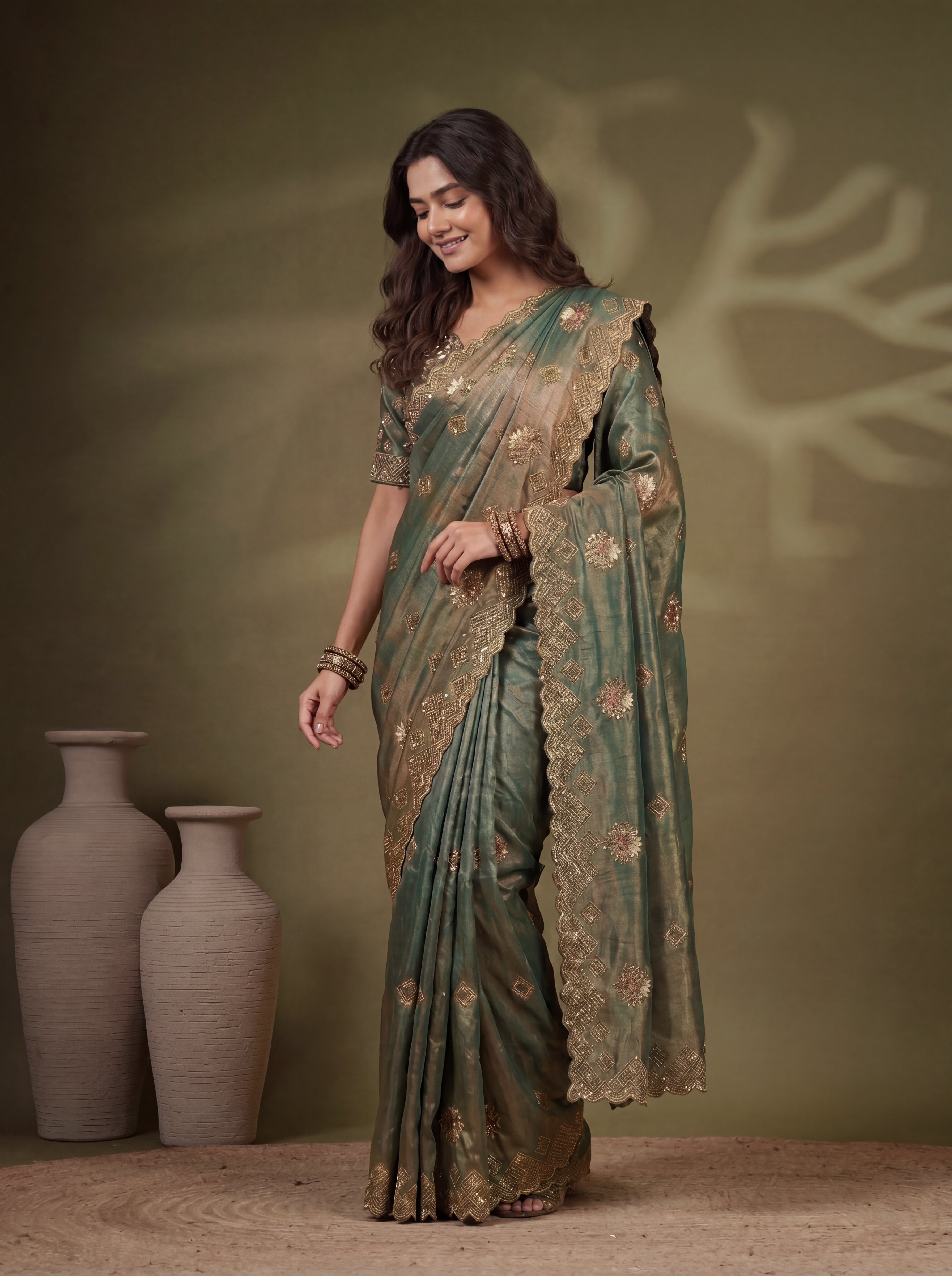 Sage Green Fendi Sequins Zari Embroidery Handwork Bridal Saree